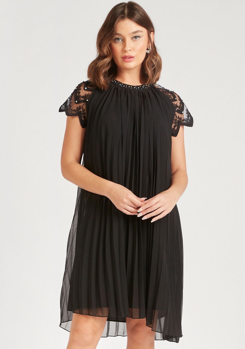 2Xtremz Pleated Dress with Embellished Sleeves and Neckline-Dresses-image-2