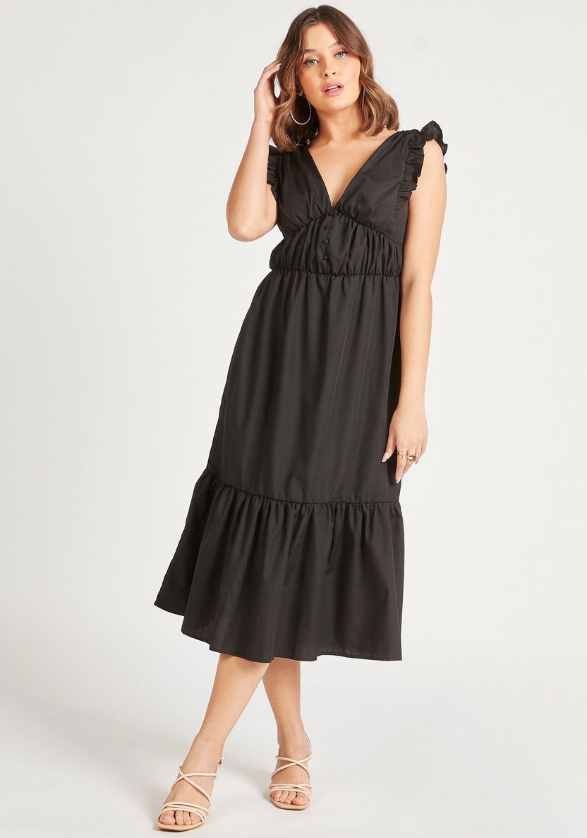 2Xtremz Solid Tiered Midi Dress with V-neck and Tie-Up Detail-Dresses-image-0