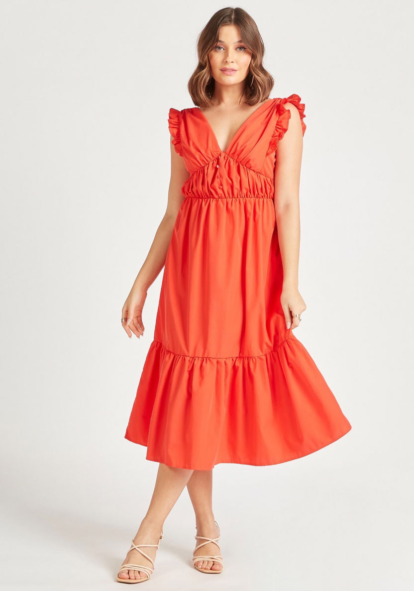 2Xtremz Solid Tiered Midi Dress with V-neck and Tie-Up Detail-Dresses-image-2