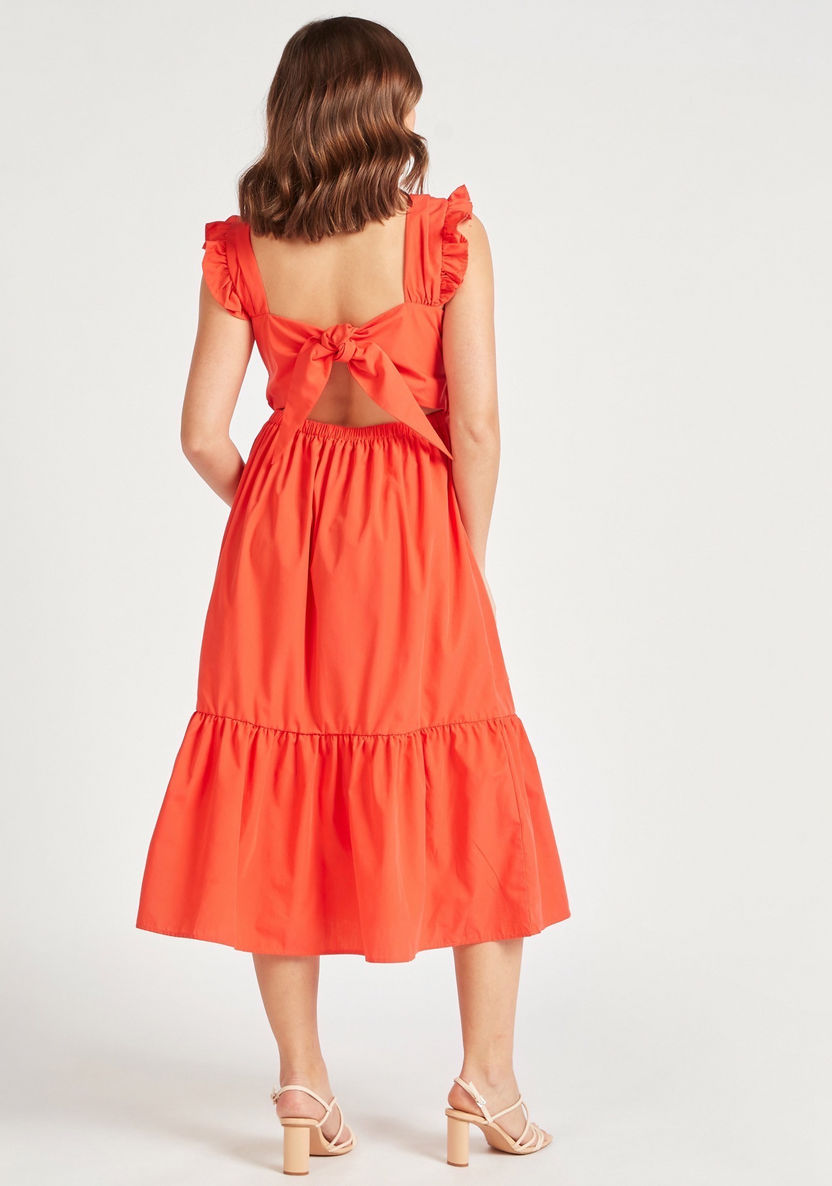 2Xtremz Solid Tiered Midi Dress with V-neck and Tie-Up Detail-Dresses-image-3