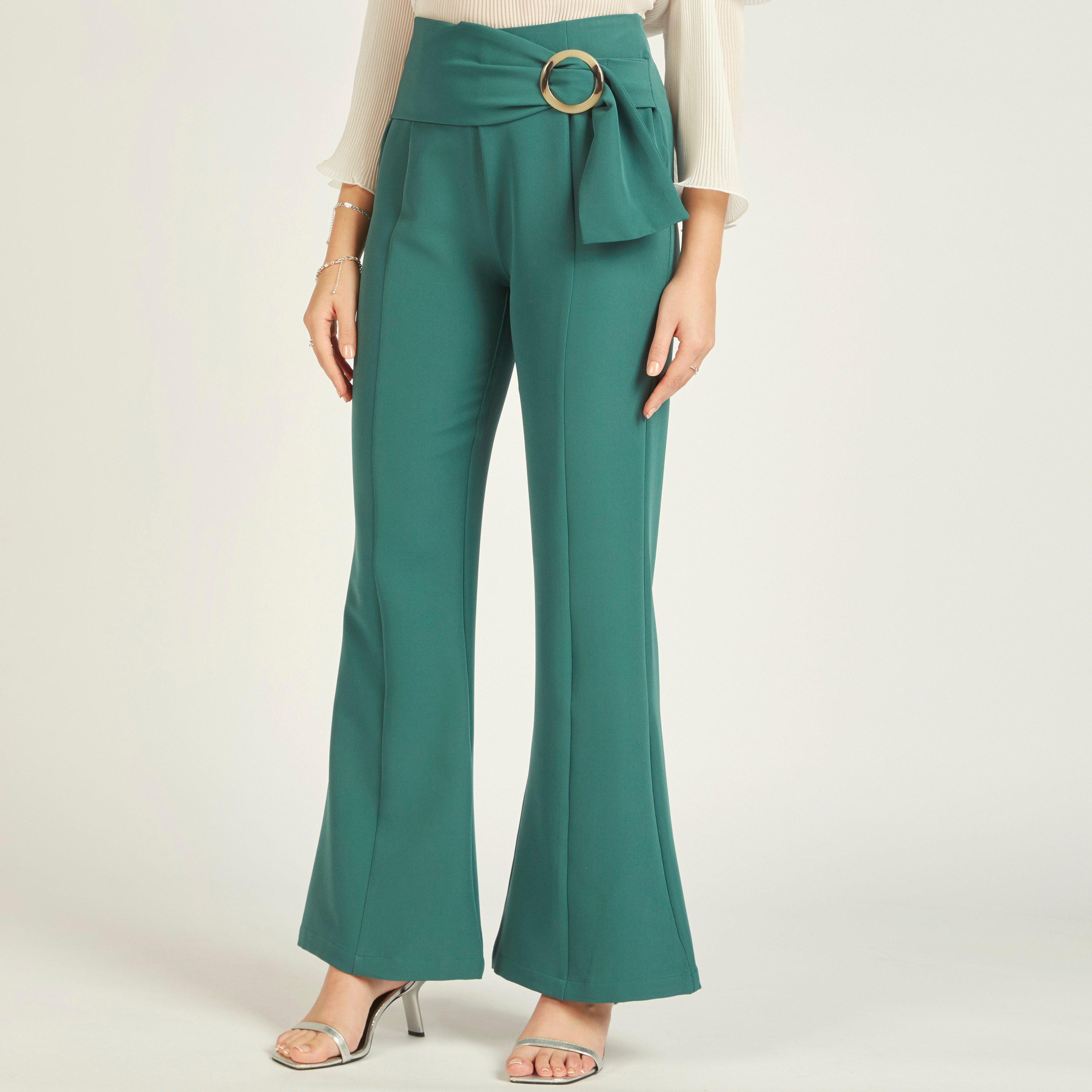 2Xtremz Solid Flared Leg Pants with Ring Accent Belt-women-clothing-trousers-image-1