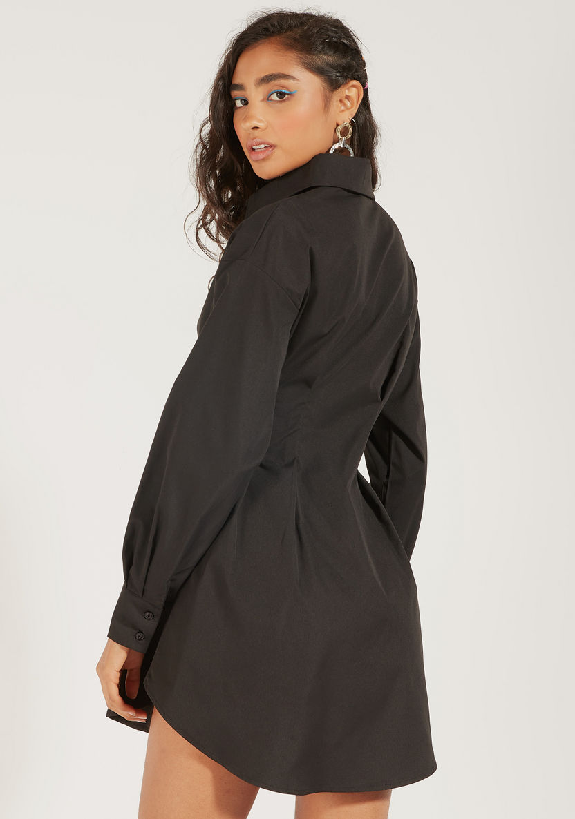 Solid Mini Shirt Dress with Long Sleeves and Button Closure-Dresses-image-3