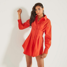 Solid Mini Shirt Dress with Long Sleeves and Button Closure