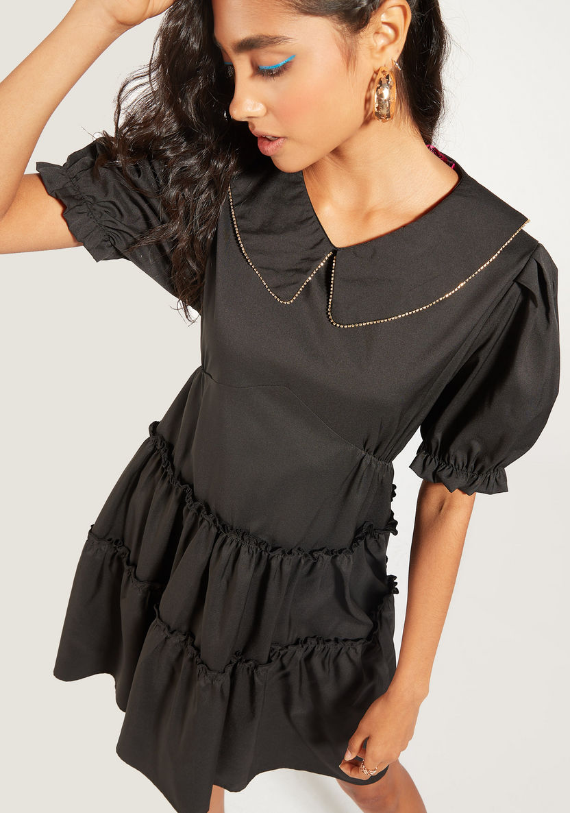 2Xtremz Solid Mini Dress with Peter Pan Collar and Short Sleeves-Dresses-image-0
