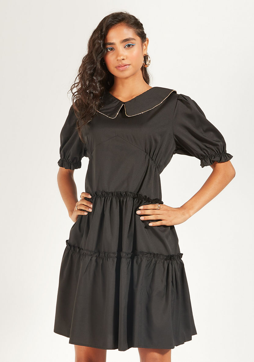 2Xtremz Solid Mini Dress with Peter Pan Collar and Short Sleeves-Dresses-image-2