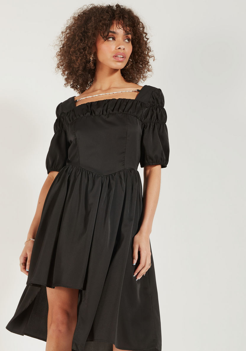 2Xtremz Solid Asymmetric Midi Dress with Puff Sleeves-Dresses-image-0