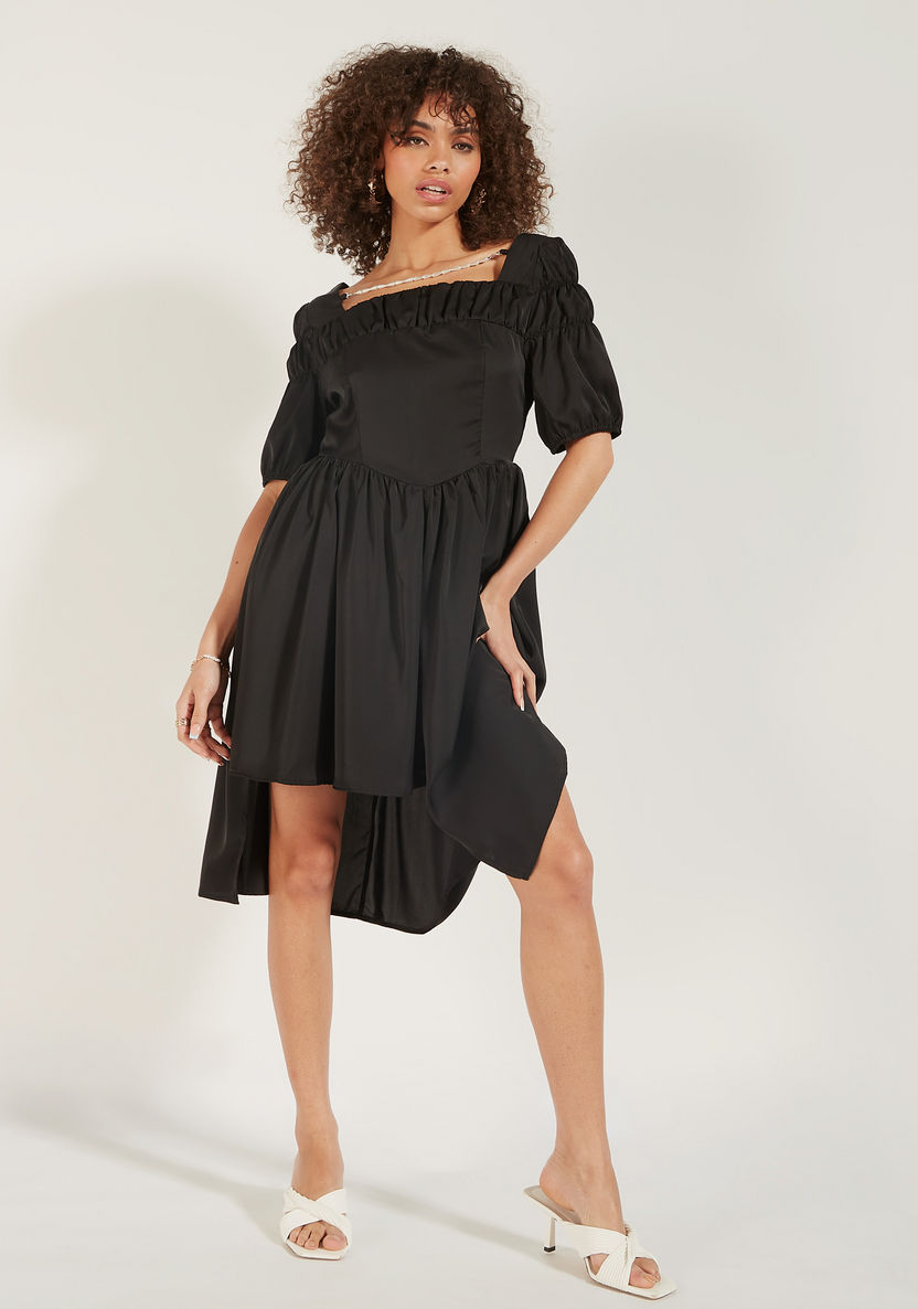 2Xtremz Solid Asymmetric Midi Dress with Puff Sleeves-Dresses-image-1