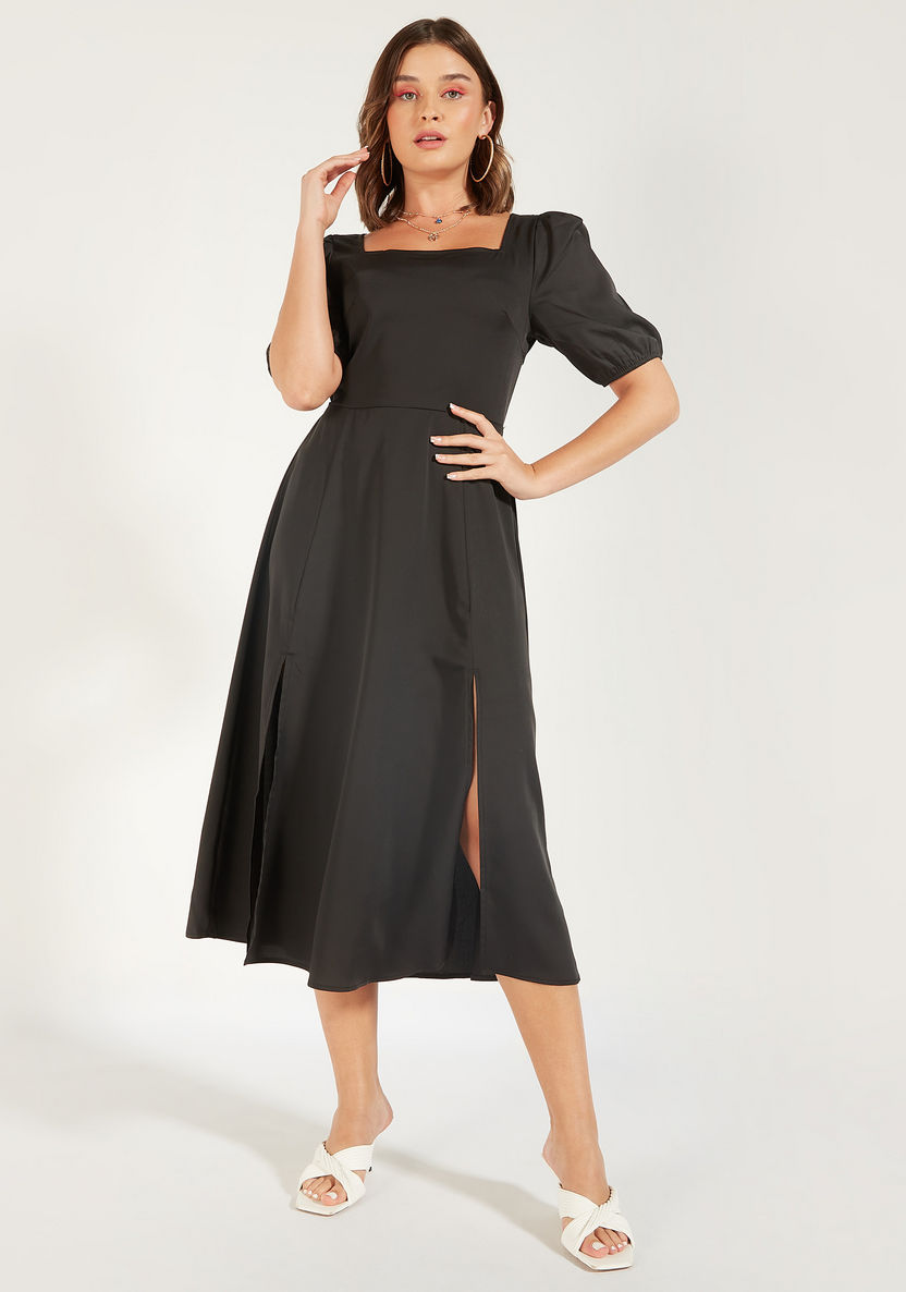 2Xtremz Solid Midi A-line Dress with Cutout Detail and Slit-Dresses-image-1