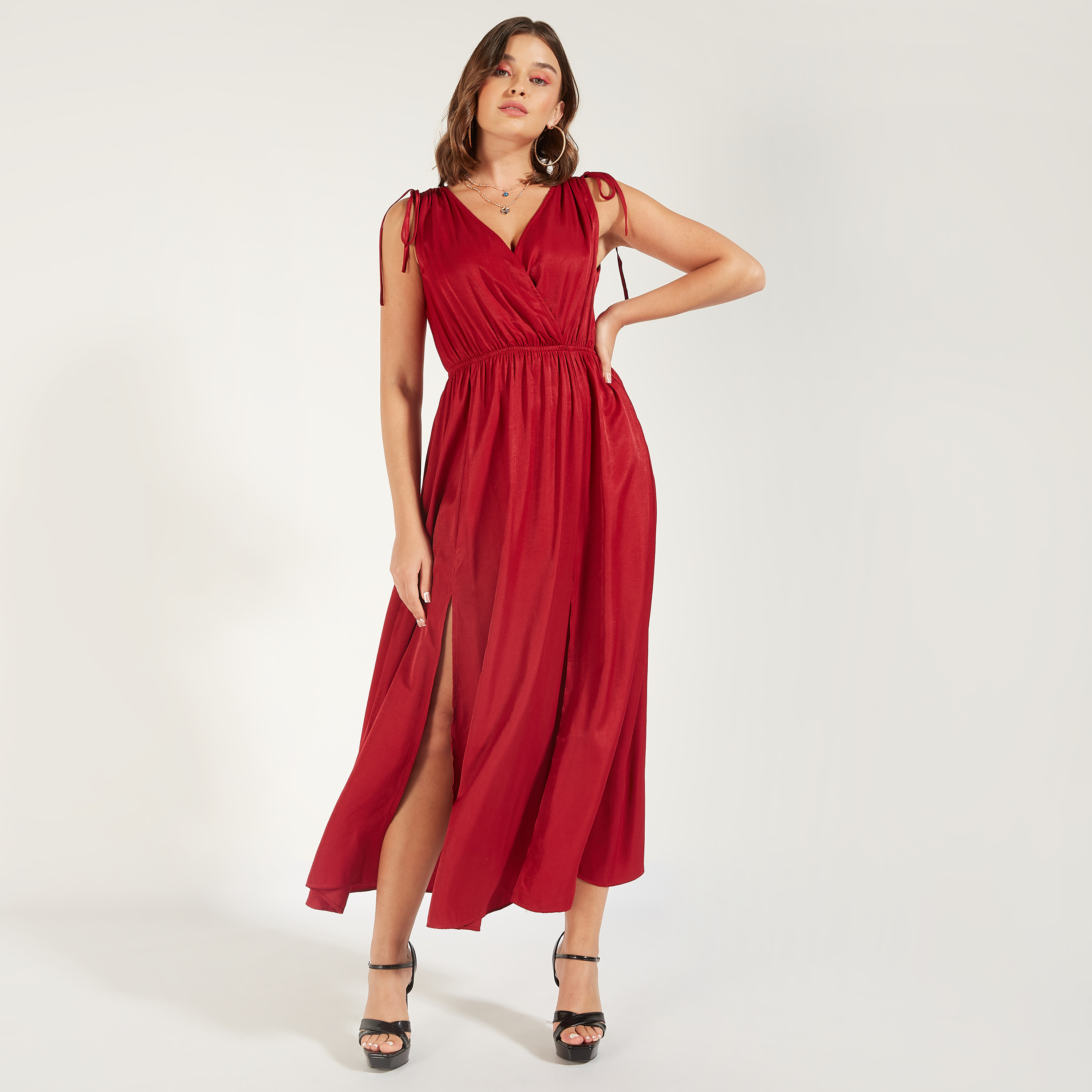 2Xtremz Solid Sleeveless Maxi A-line Dress with Slit Detail-women-clothing-dresses-image-22