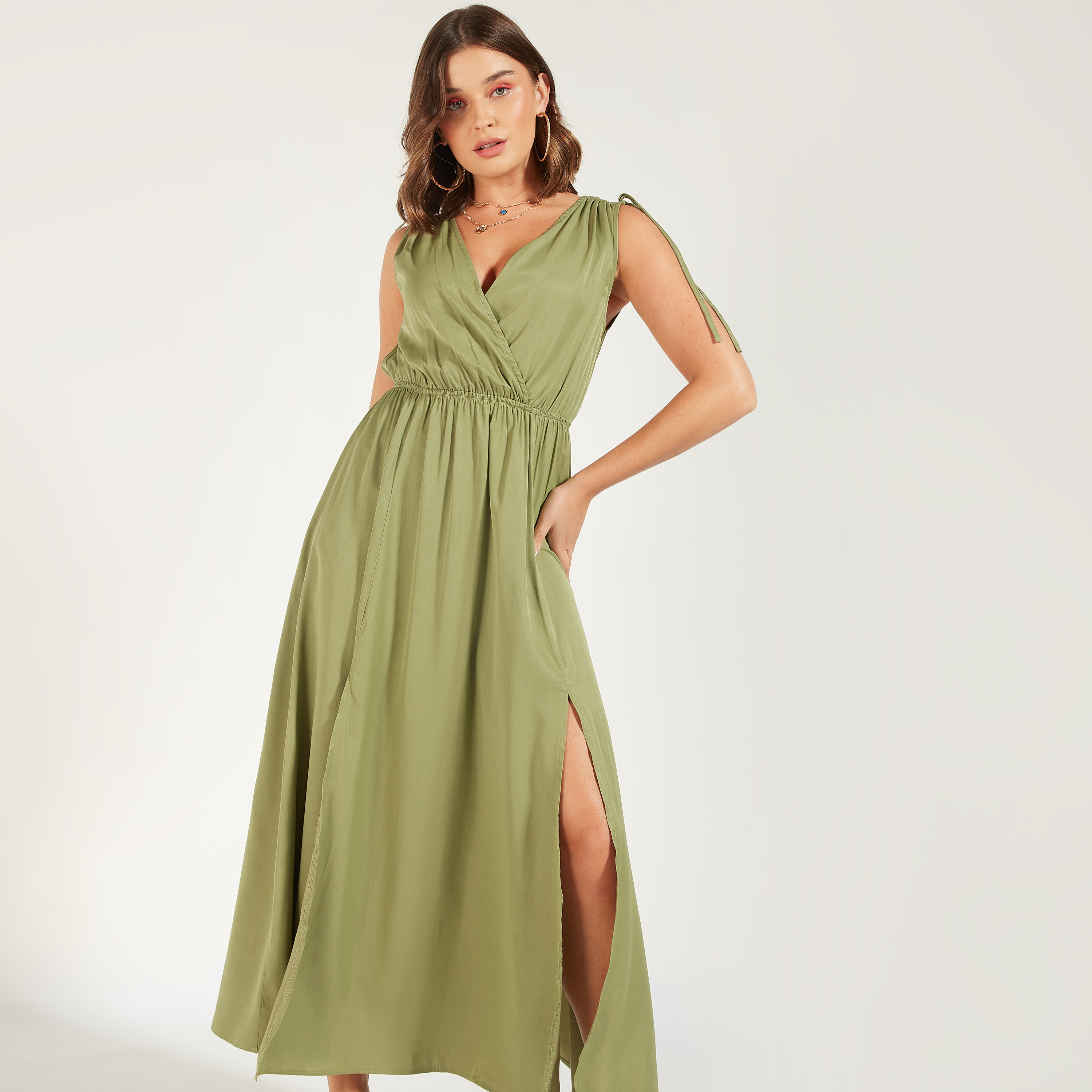 2Xtremz Solid Sleeveless Maxi A-line Dress with Slit Detail-women-clothing-dresses-image-16