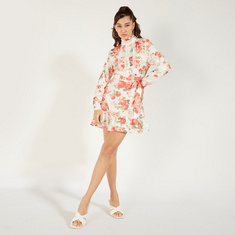 2Xtremz Floral Print A-line Mini Dress with Lace Detail