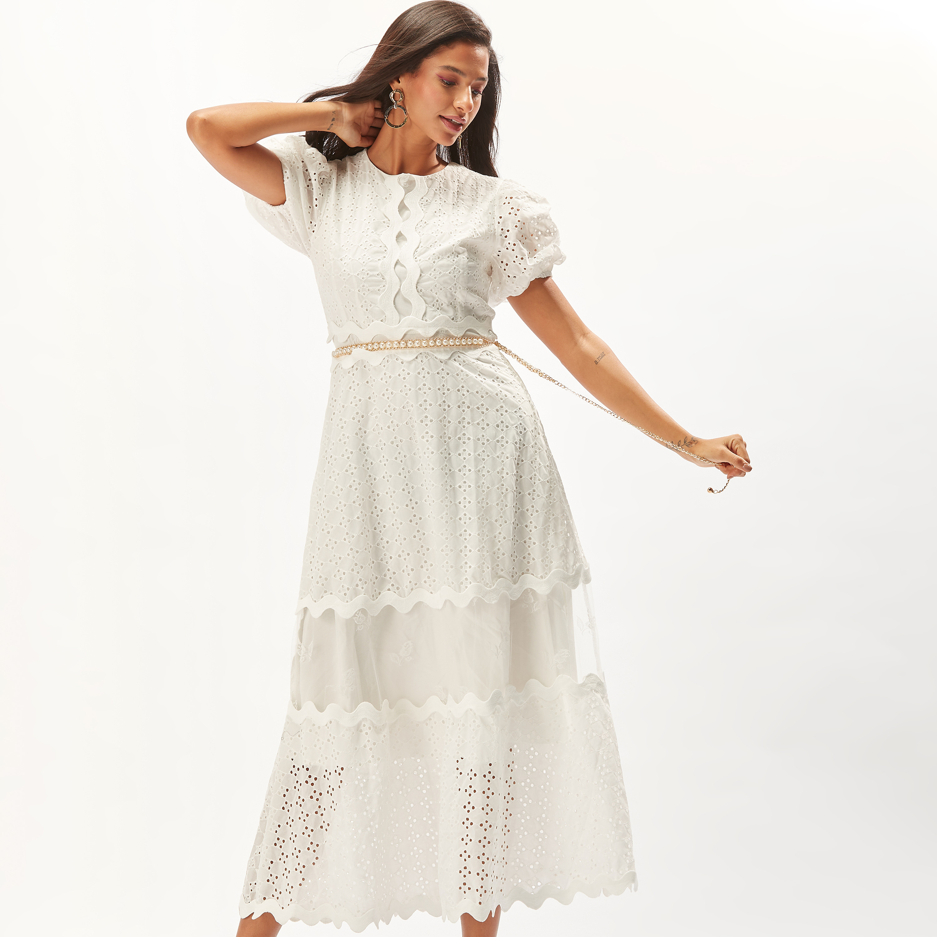 فستان طويل شيفلي بارز الملمس متعدد الطبقات بخصر مرن من توإكستريمز-women-clothing-dresses-image-14