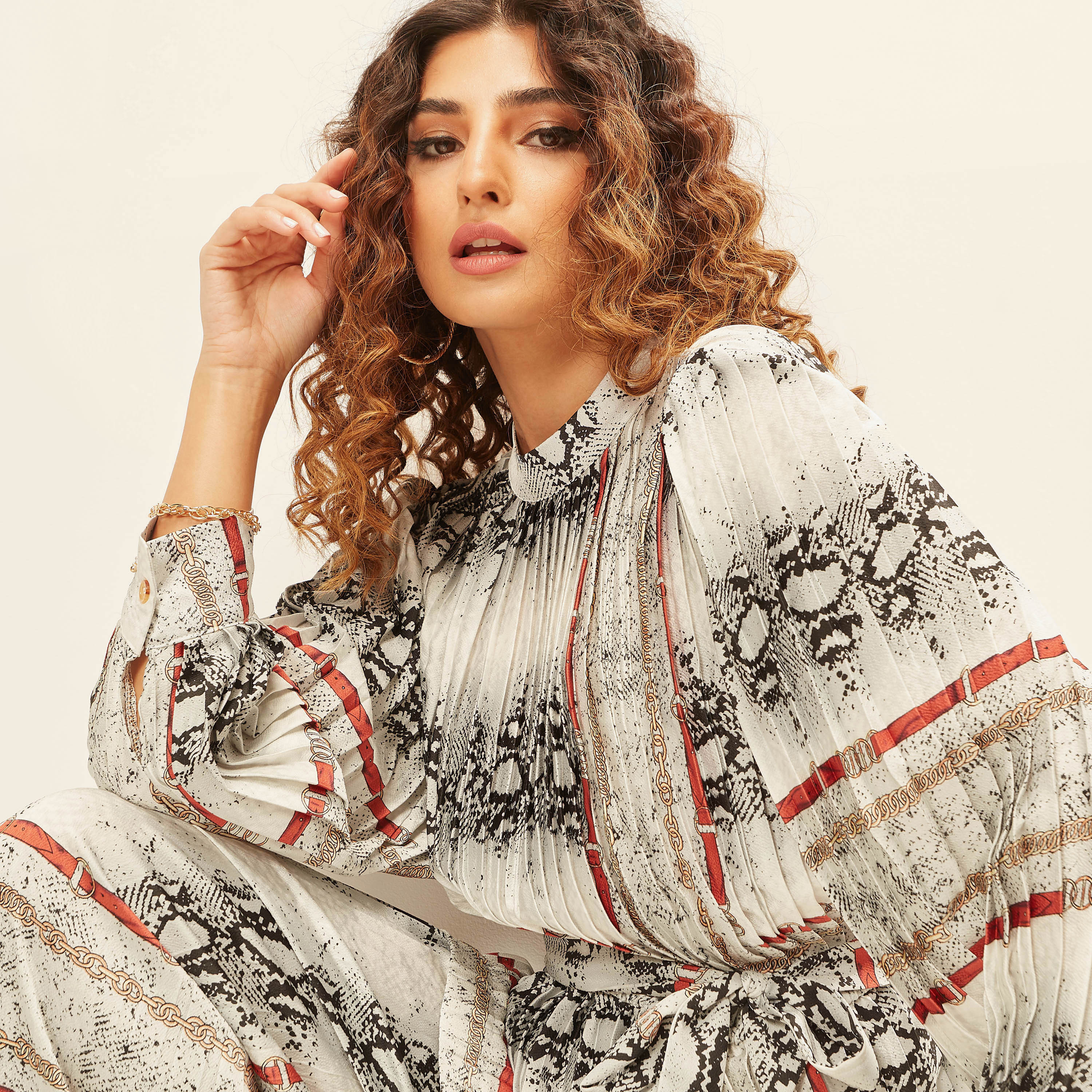 2Xtremz Printed High Neck Top with Tie-Up Belt and Pleat Detail-women-clothing-shirtsandblouses-blouses-image-5