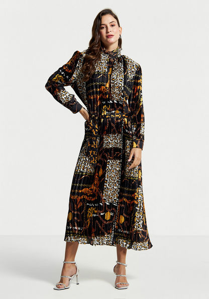 2Xtremz Printed Maxi High Neck Dress with Long Sleeves and Tie-Up Belt-Dresses-image-1