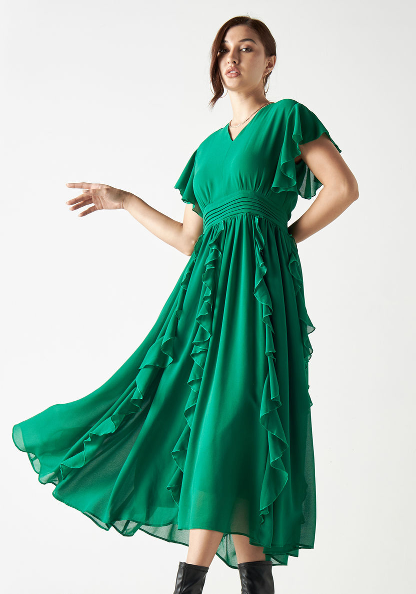 Buy 2Xtremz Ruffle Detail Maxi Dress with Flutter Sleeves and V-neck ...