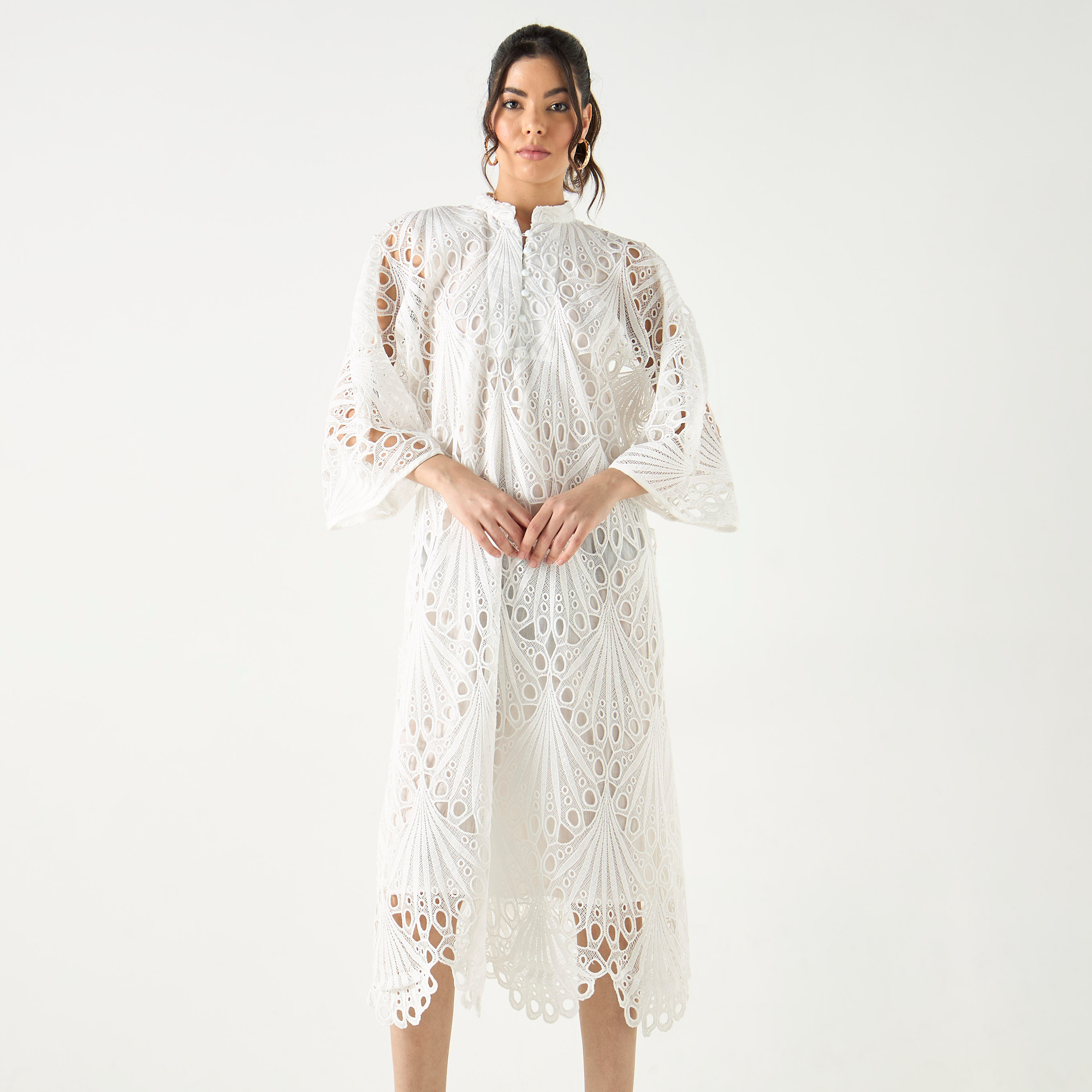 スーツ・フォーマル・ドレス pearl shoulder camisole set original Shop 2Xtremz Lace Detail Mandarin Collar Dress with 3/4