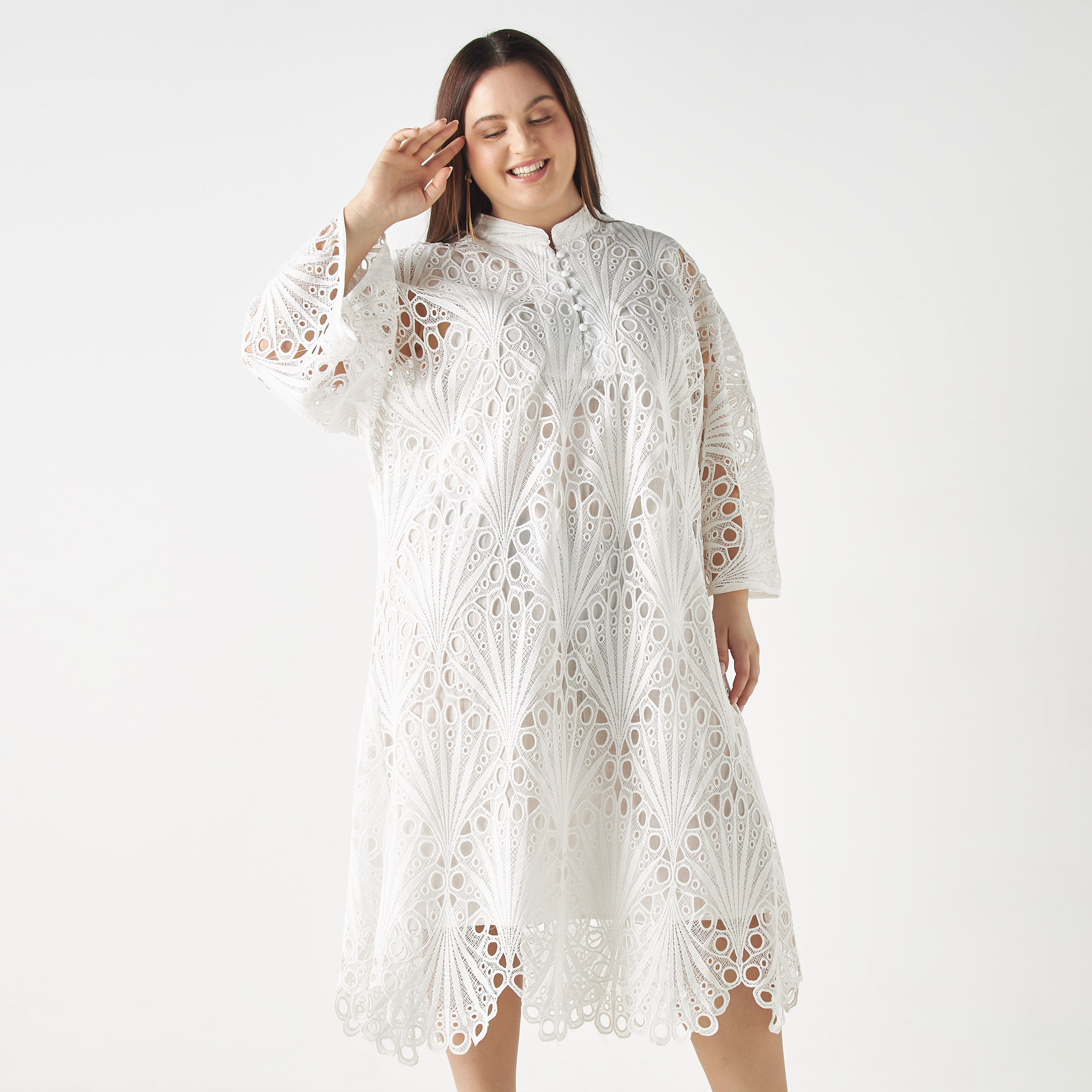 Shop 2Xtremz Lace Detail Mandarin Collar Dress with 3/4
