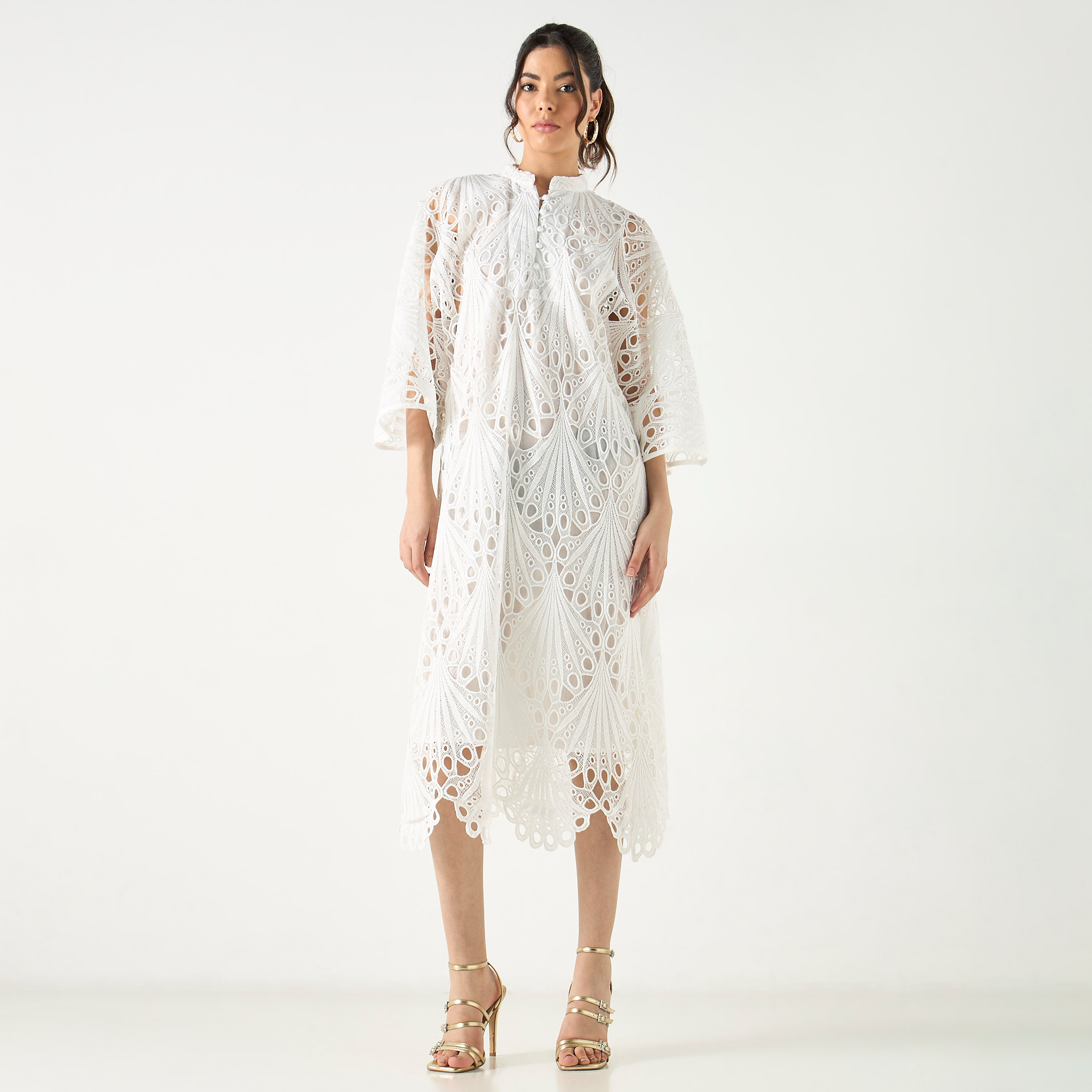 Shop 2Xtremz Lace Detail Mandarin Collar Dress with 3/4