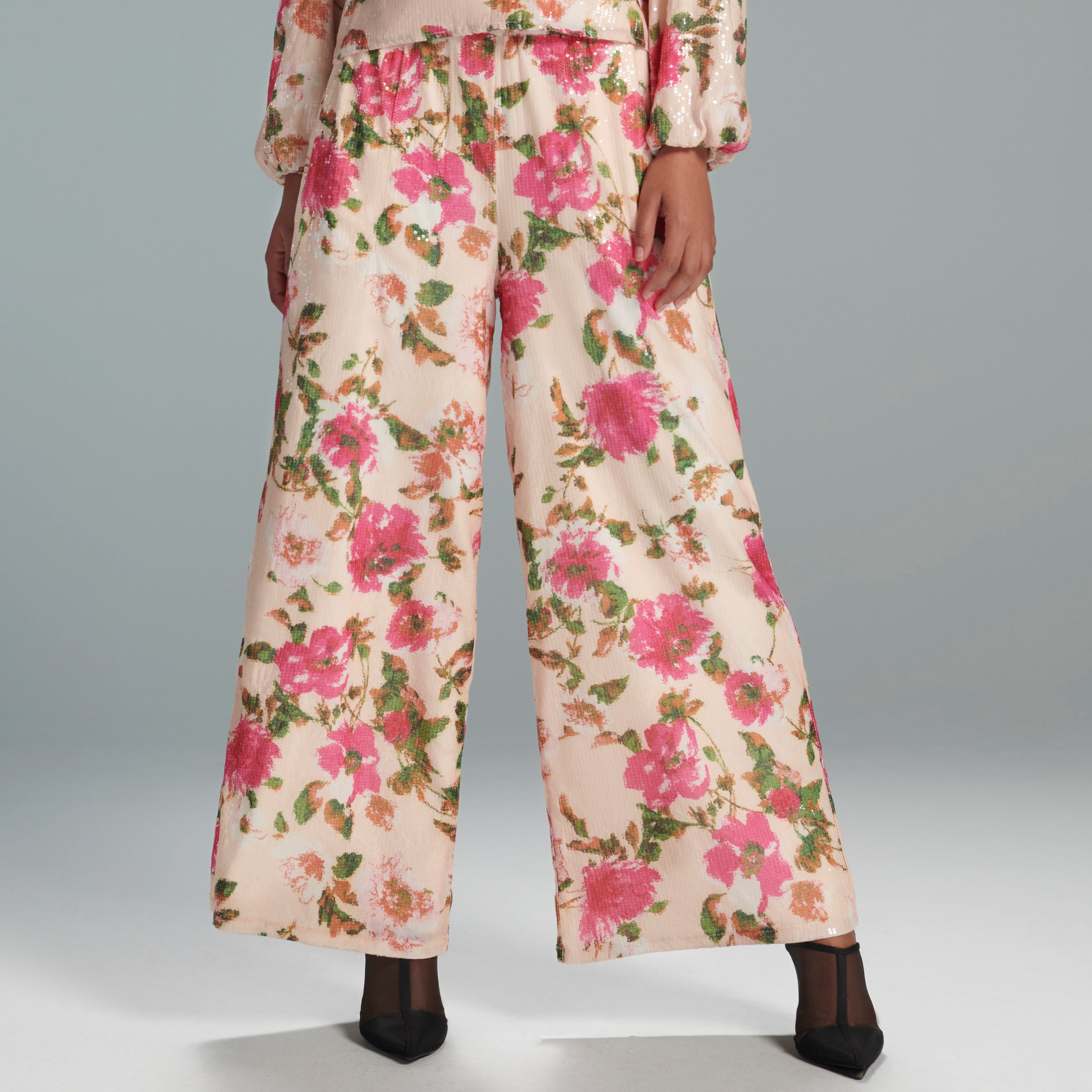 Shop 2Xtremz Sequin Embellished Floral Print Wide Leg Pants
