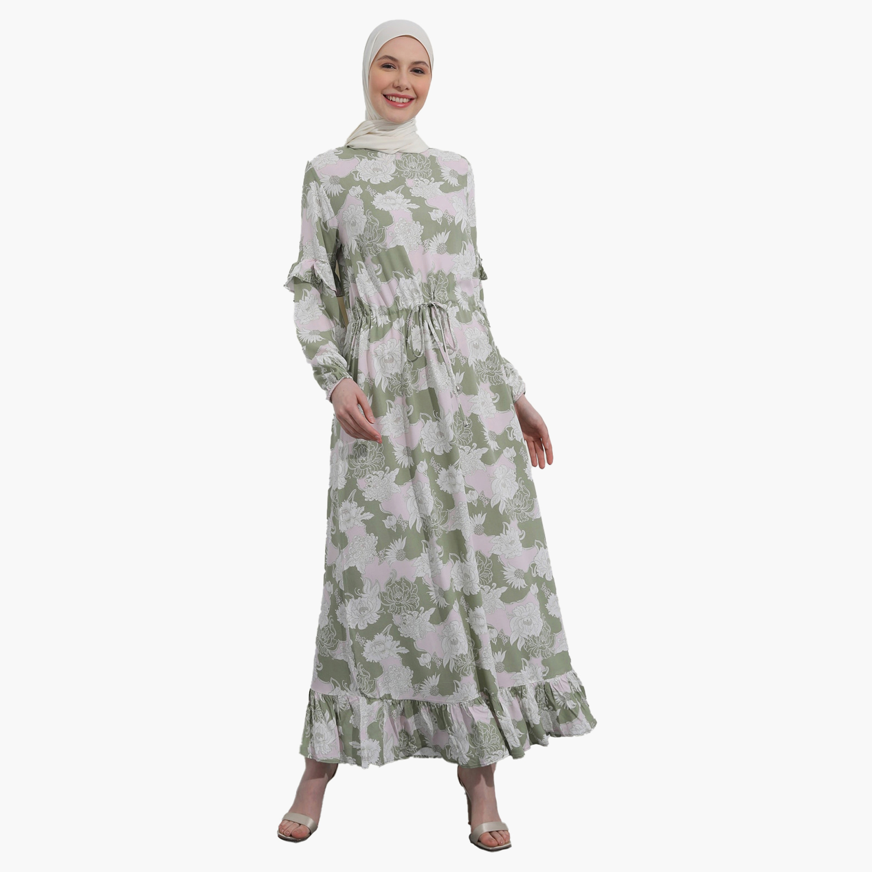 فستان متواضع مزين بالزهور ورقبة دائرية مع رباط الخصر من مودانيسا-women-clothing-dresses-image-1