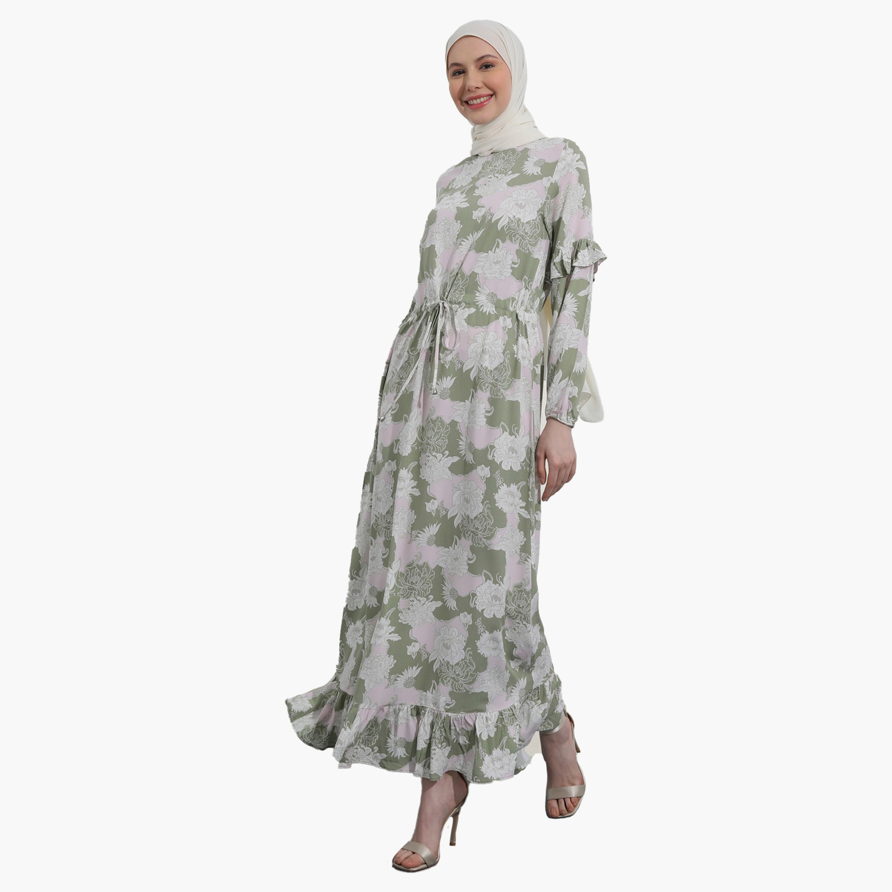 فستان متواضع مزين بالزهور ورقبة دائرية مع رباط الخصر من مودانيسا-women-clothing-dresses-image-2