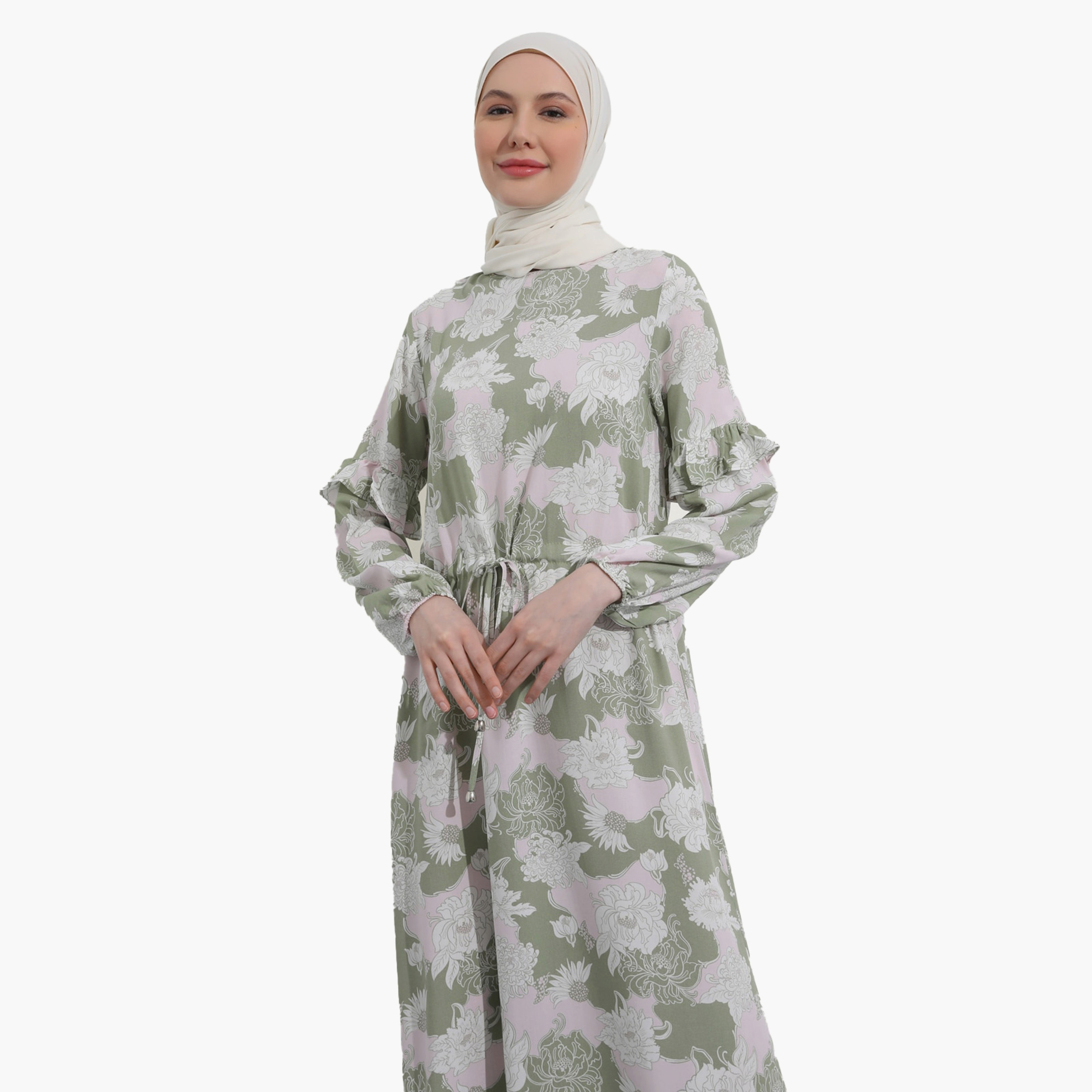 Modanisa Floral Crew Neck Drawstring Waist Modest Dress-women-clothing-dresses-image-3