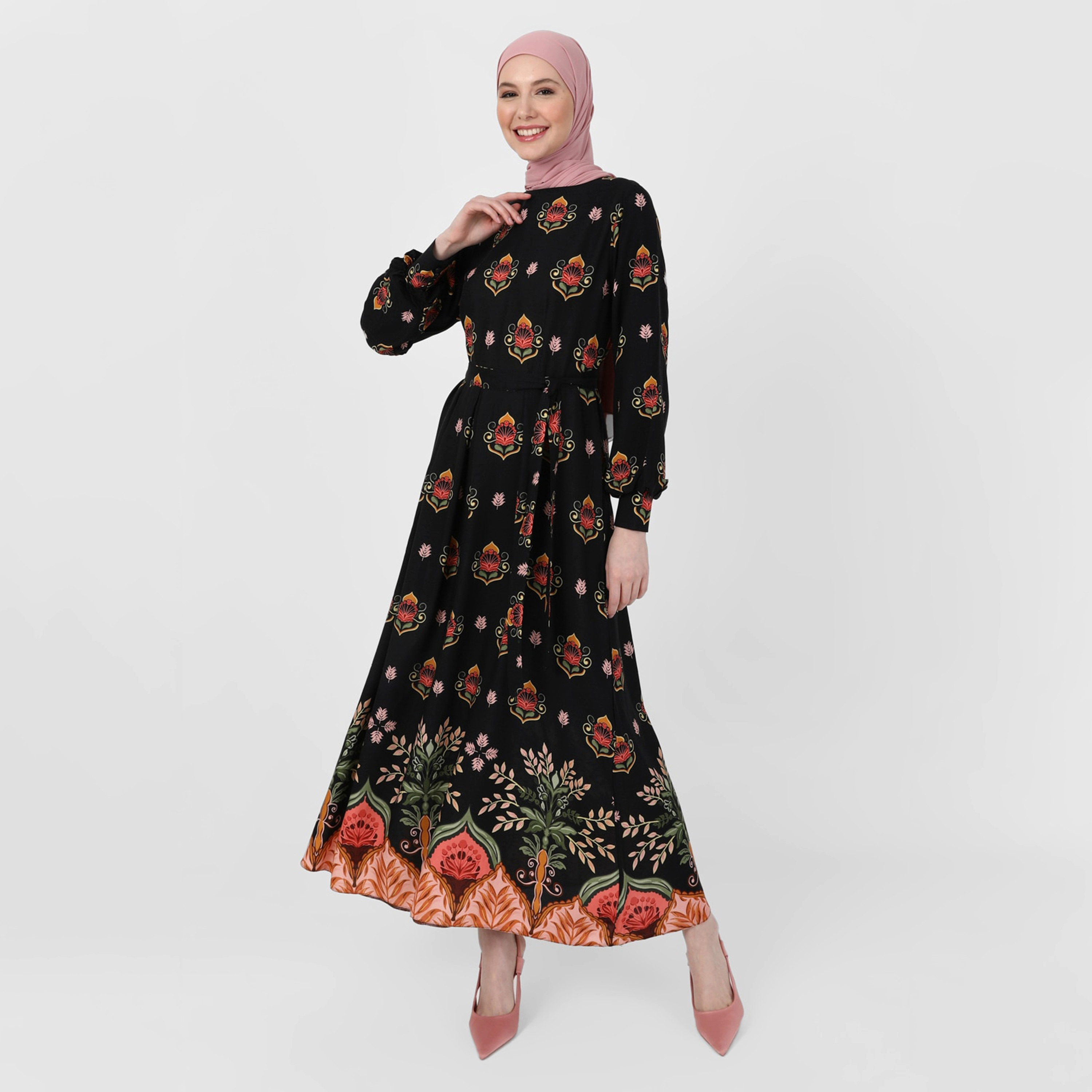 فستان متواضع مطبوعة برقبة دائرية وحزام ربطة من مودانيشا-women-clothing-dresses-image-1