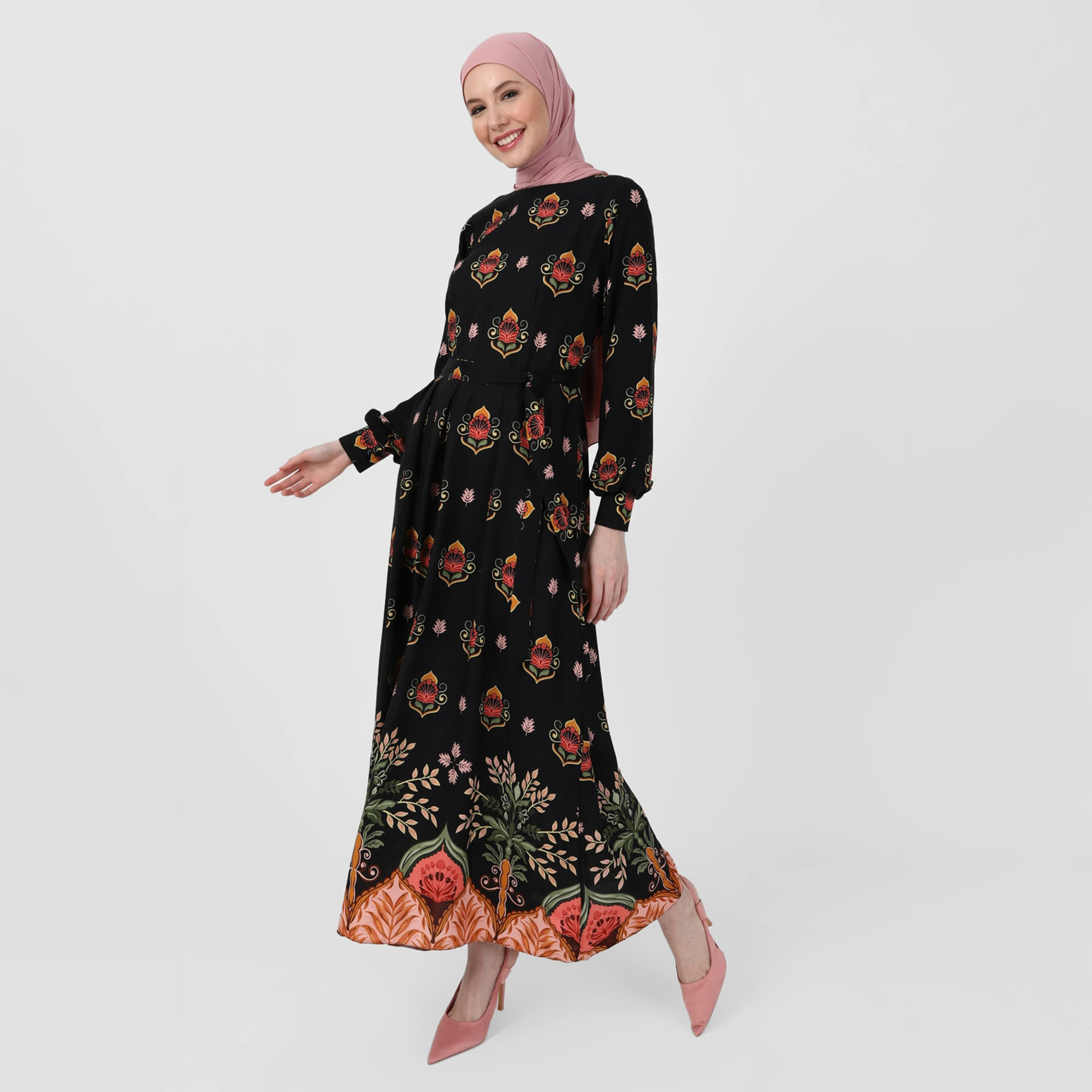 Modanisa Printed Crew Neck Tie Belt Modest Dress-women-clothing-dresses-image-2