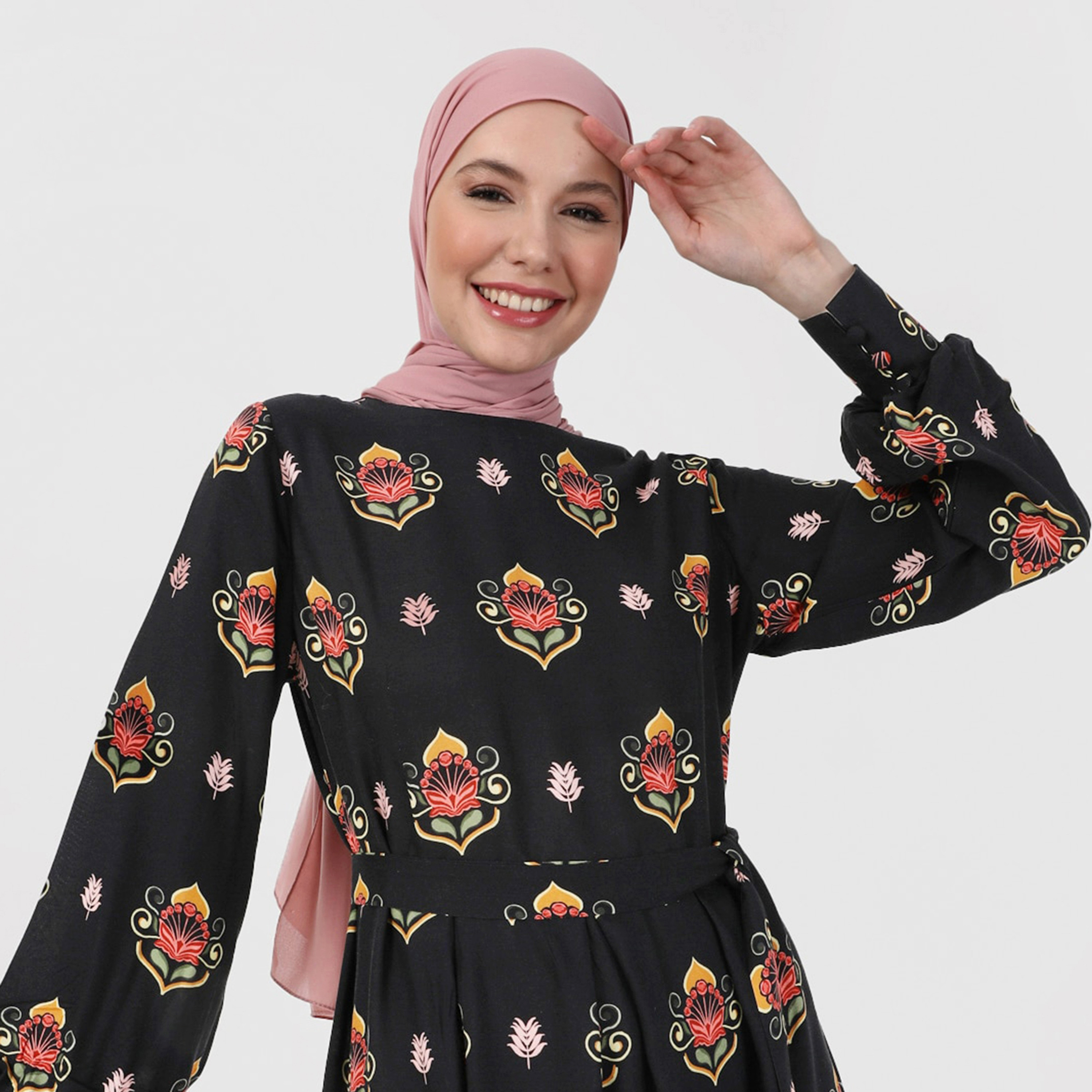 Modanisa Printed Crew Neck Tie Belt Modest Dress-women-clothing-dresses-image-3