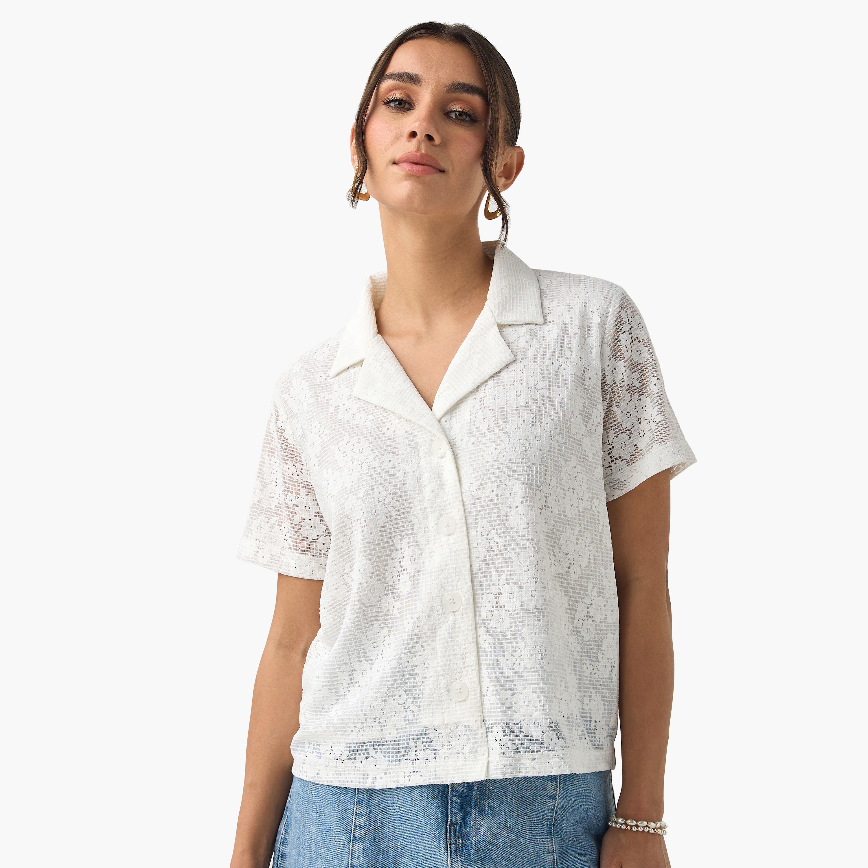 Shop 2Xtremz Textured Notch Collar Shirt with Short Sleeves