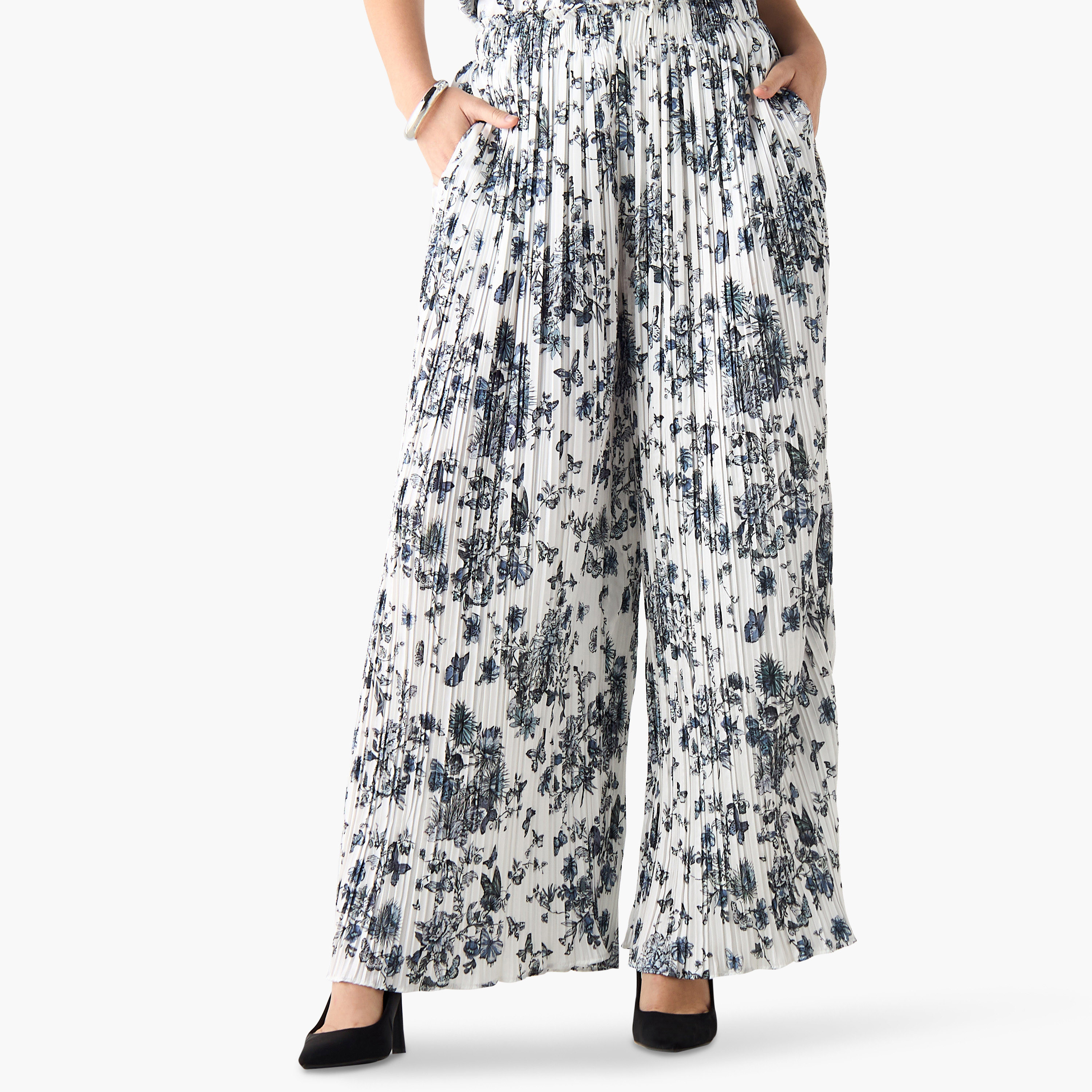 بنطلون واسع الساقين متوسط الارتفاع بجيوب وطبعات من تو إكستريمز-women-clothing-trousers-image-1