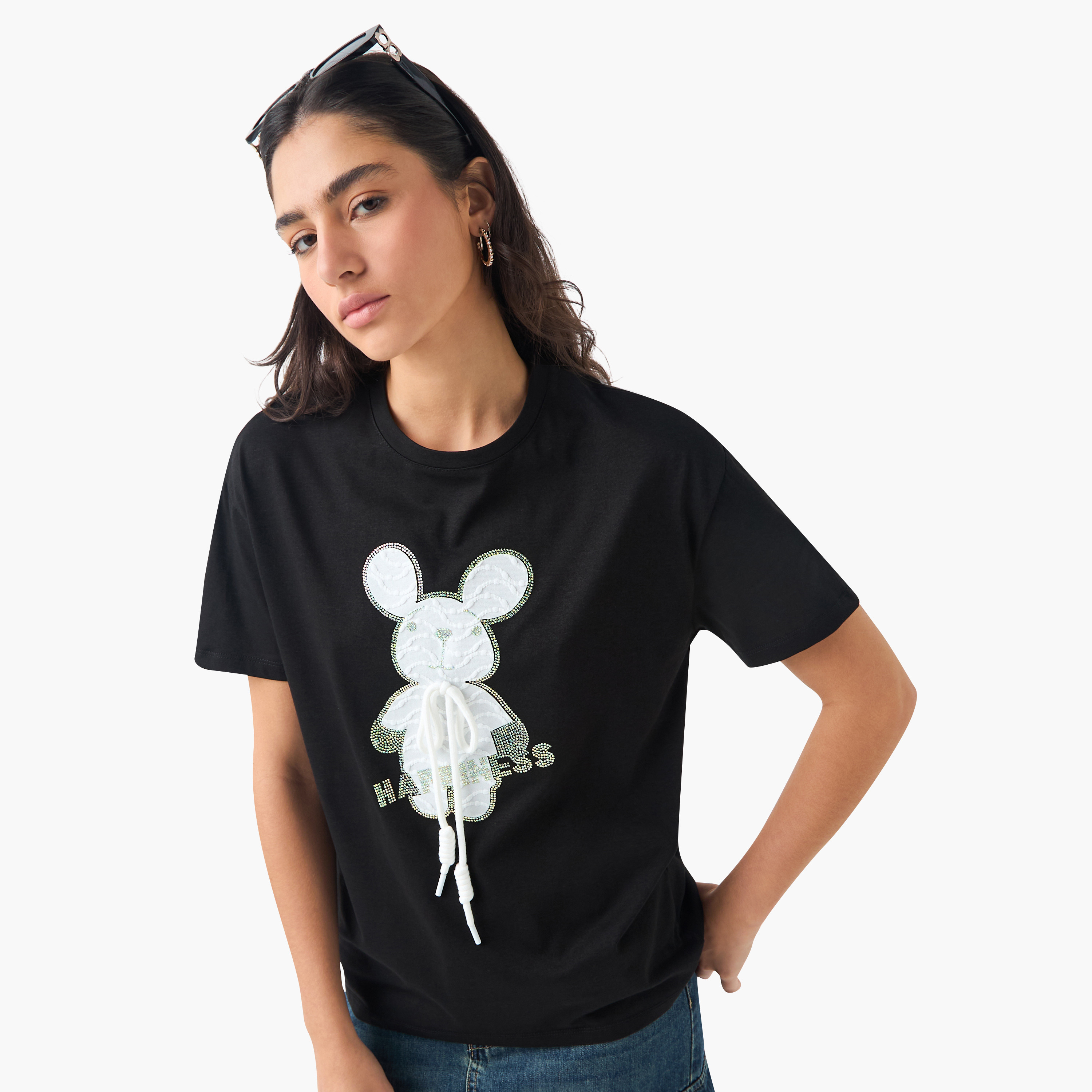 2Xtremz Embellished Crew Neck T-shirt with Short Sleeves-women-clothing-tshirts-image-1