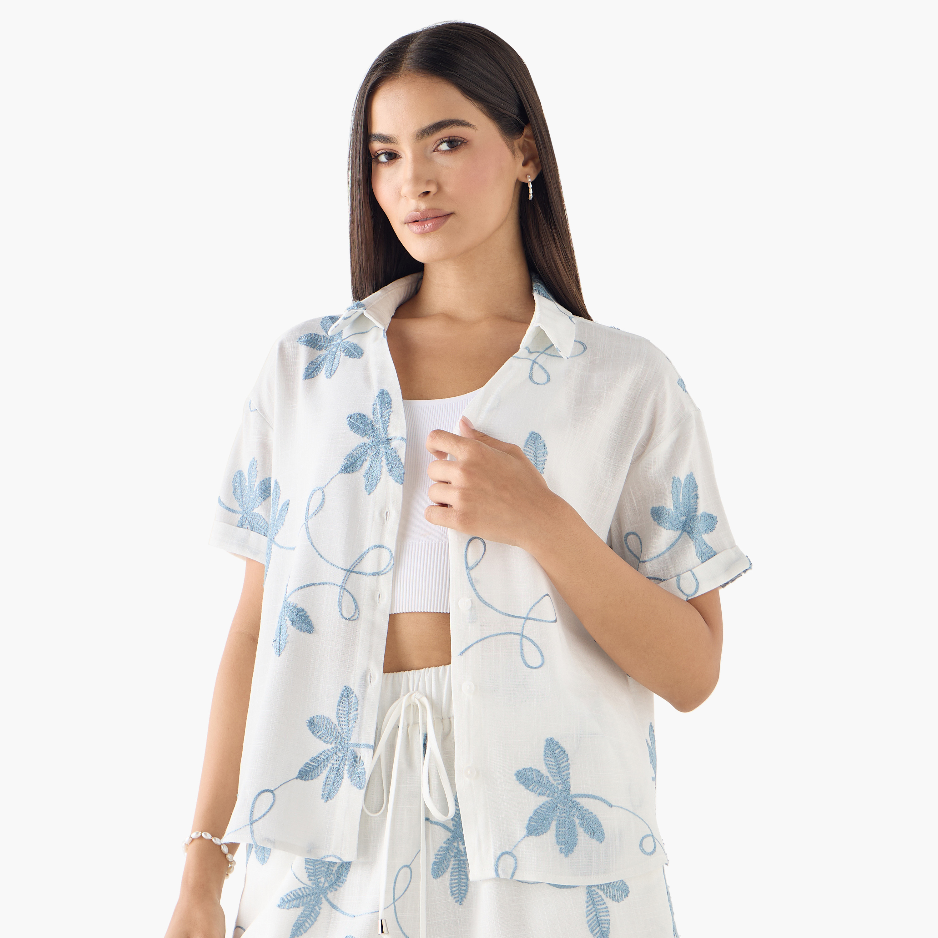 2Xtremz Embroidered Shirt with Collar and Short Sleeves-women-clothing-shirtsandblouses-shirts-image-1