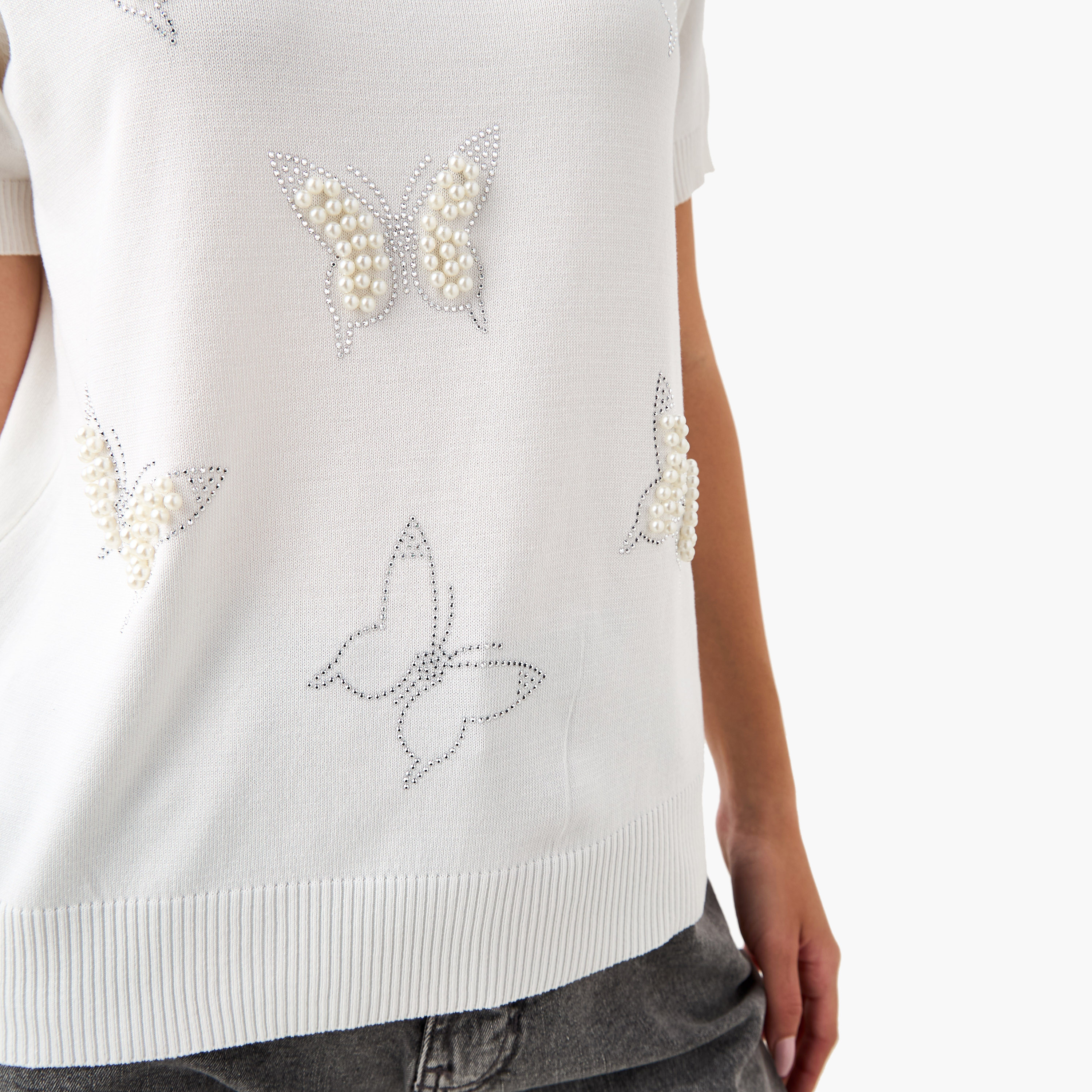 2Xtremz Pearl Embellished T-shirt with Round Neck-women-clothing-tshirts-image-4