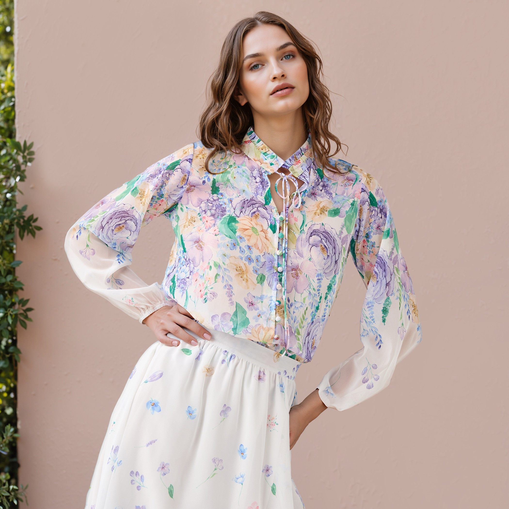 2Xtremz Floral Print Top with Tie-Up Neck and Long Sleeves-women-clothing-shirtsandblouses-blouses-image-1