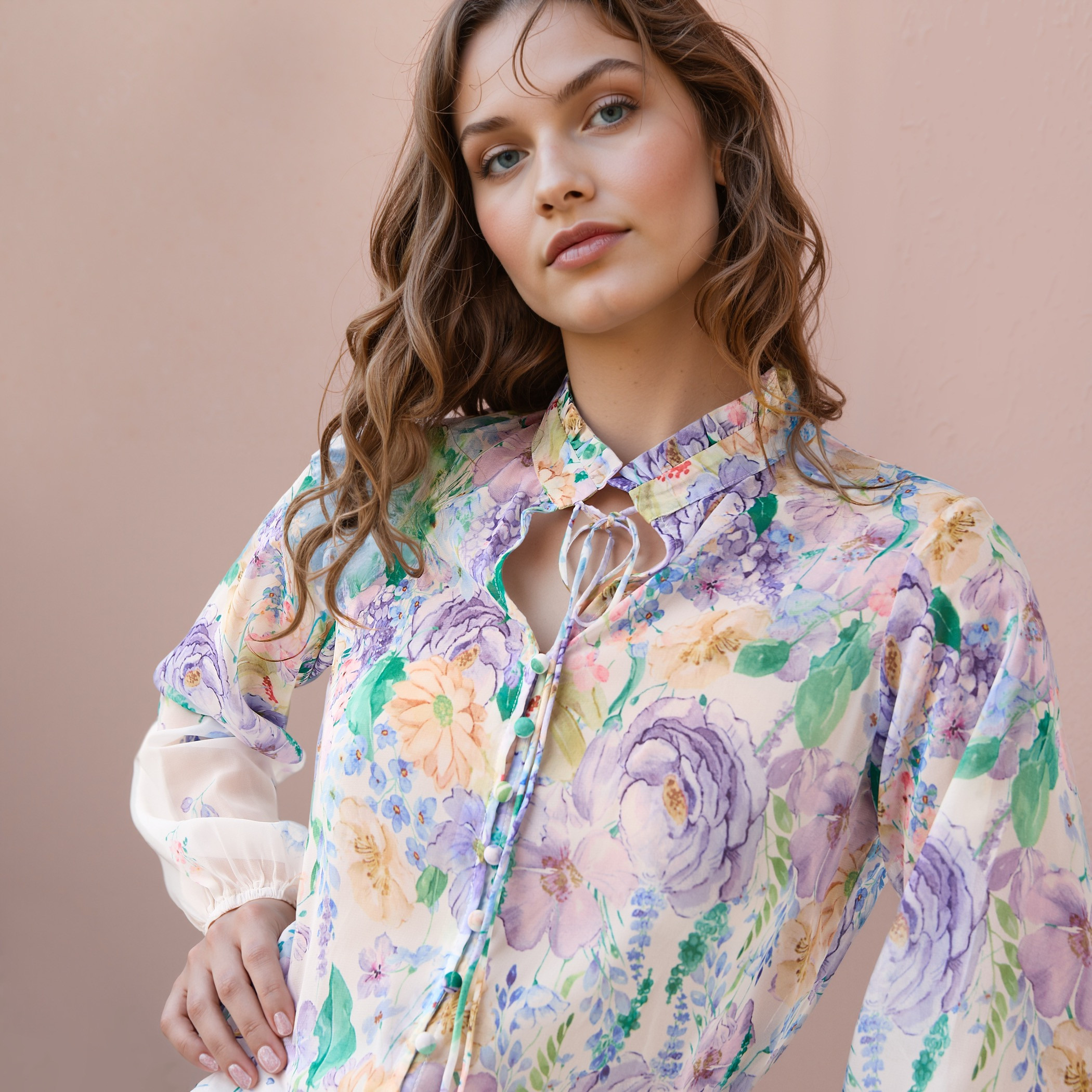 2Xtremz Floral Print Top with Tie-Up Neck and Long Sleeves-women-clothing-shirtsandblouses-blouses-image-4