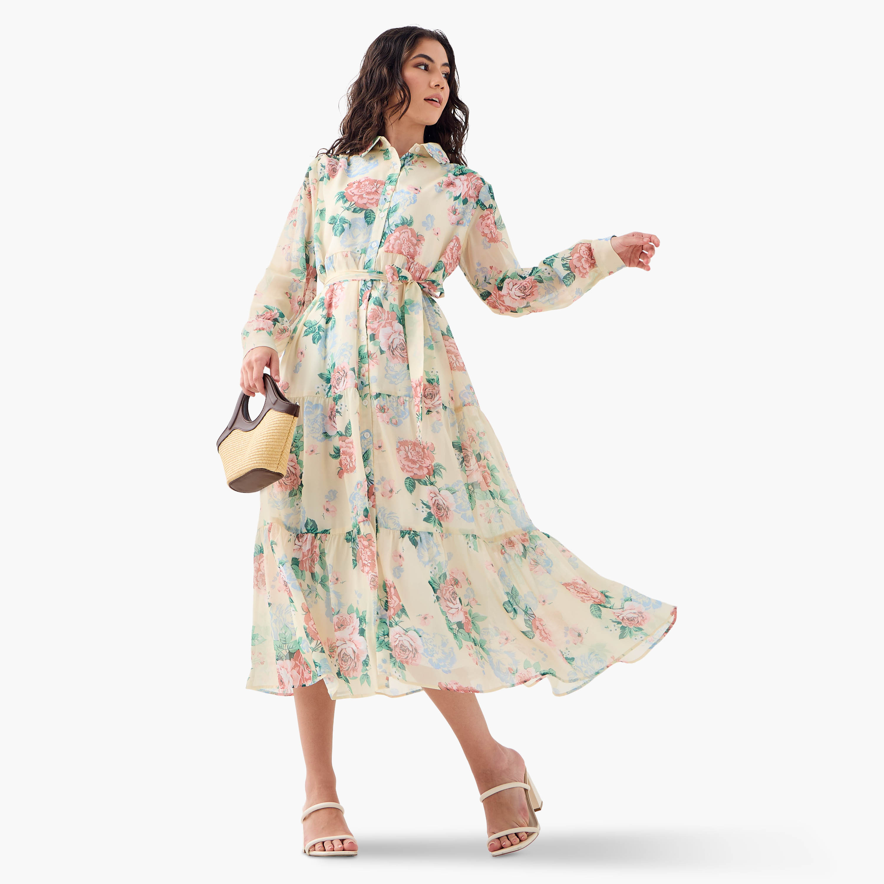 Floral Print Midi Shirt Dress-women-clothing-dresses-image-1