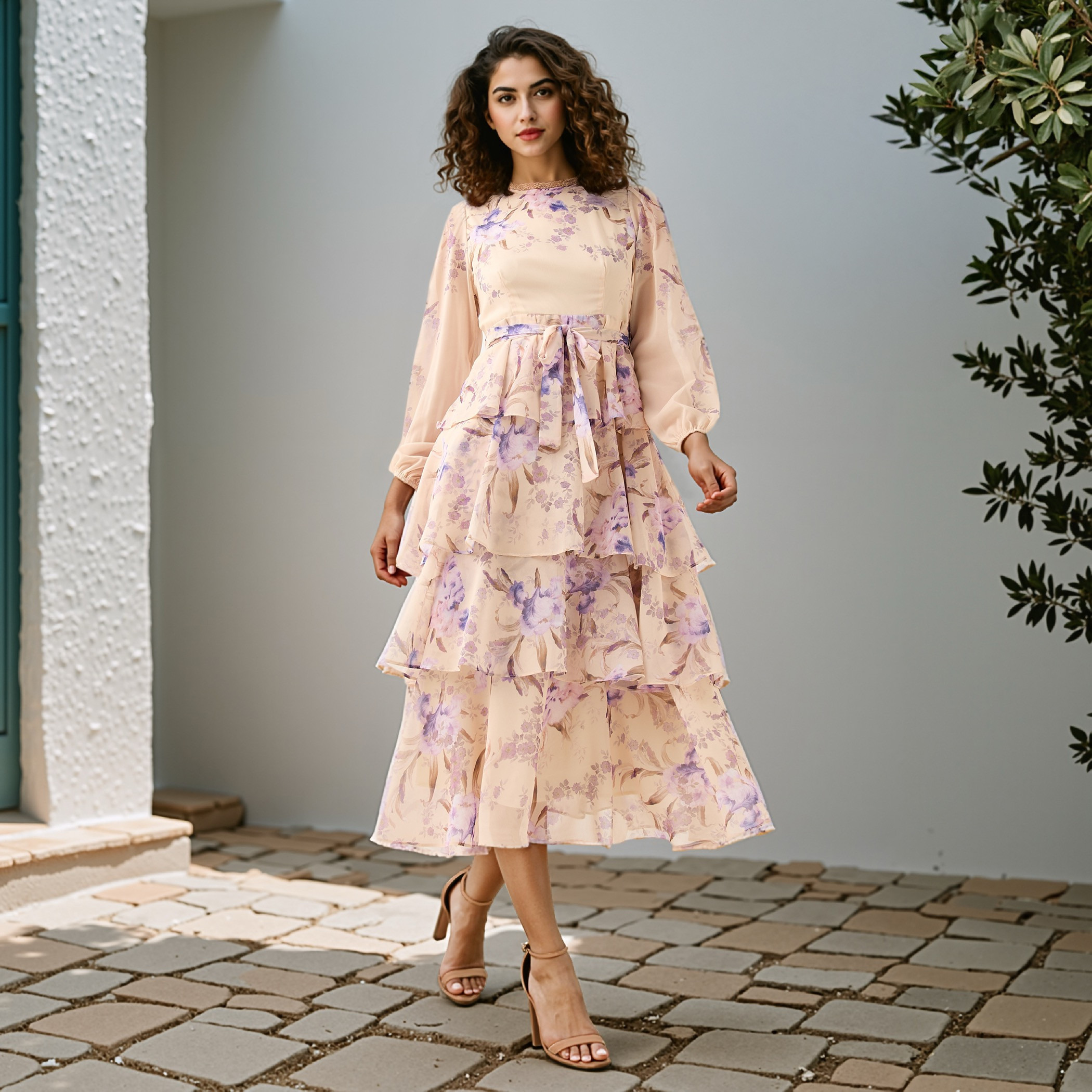 2Xtremz Floral Print Tiered Dress with Lace and Bow Detail-women-clothing-dresses-image-1