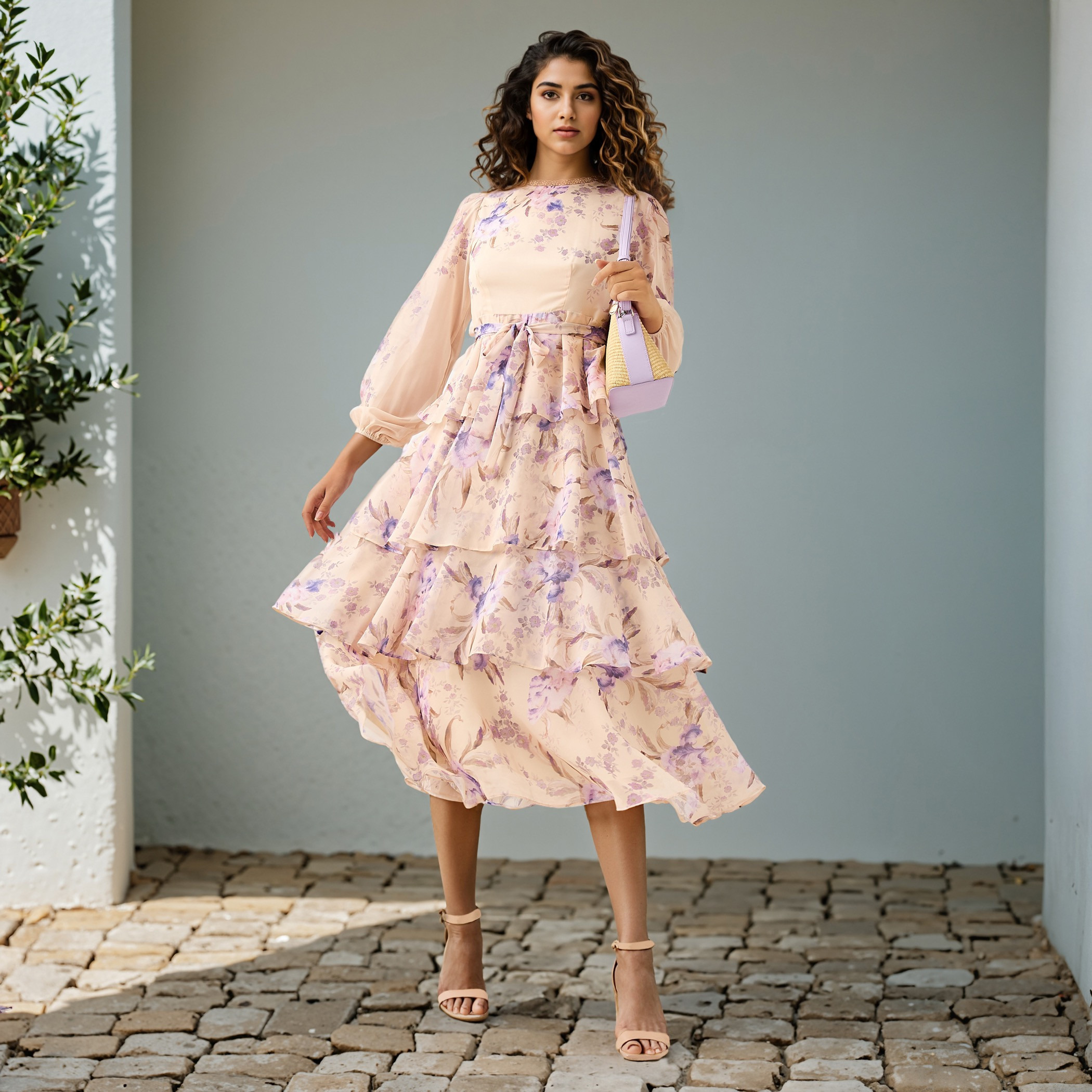 2Xtremz Floral Print Tiered Dress with Lace and Bow Detail-women-clothing-dresses-image-2