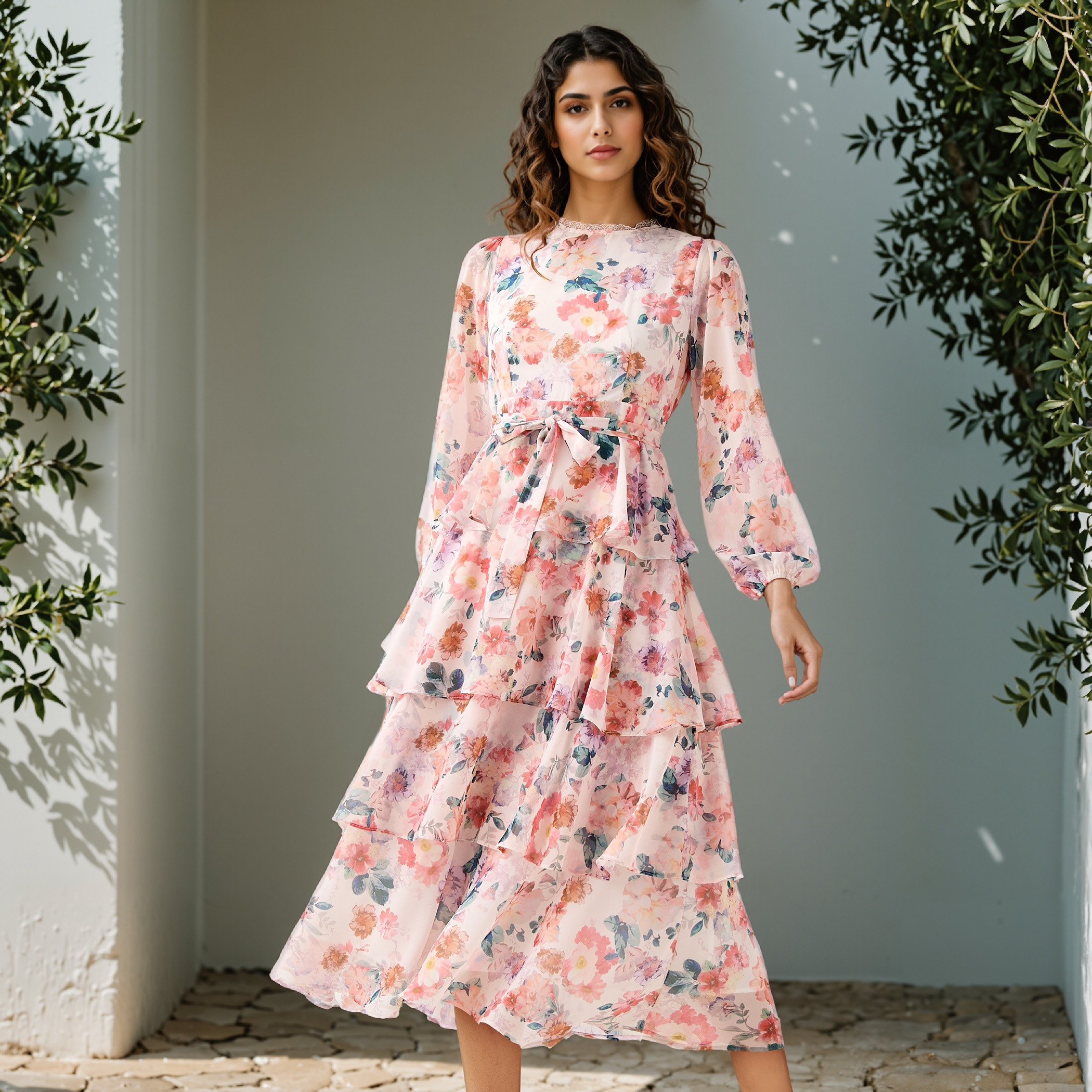 2Xtremz Floral Print Tiered Dress with Lace and Bow Detail-women-clothing-dresses-image-1