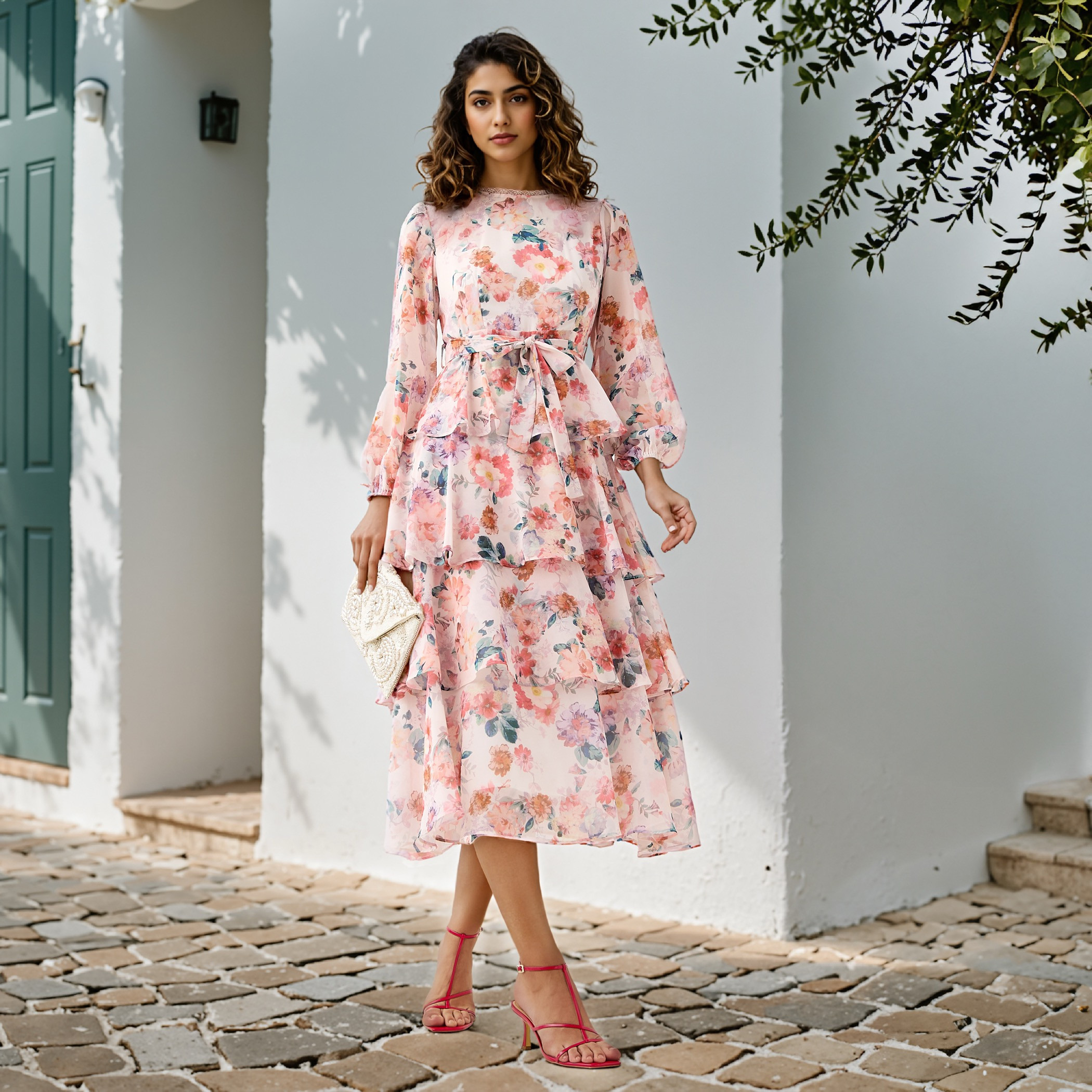2Xtremz Floral Print Tiered Dress with Lace and Bow Detail-women-clothing-dresses-image-2