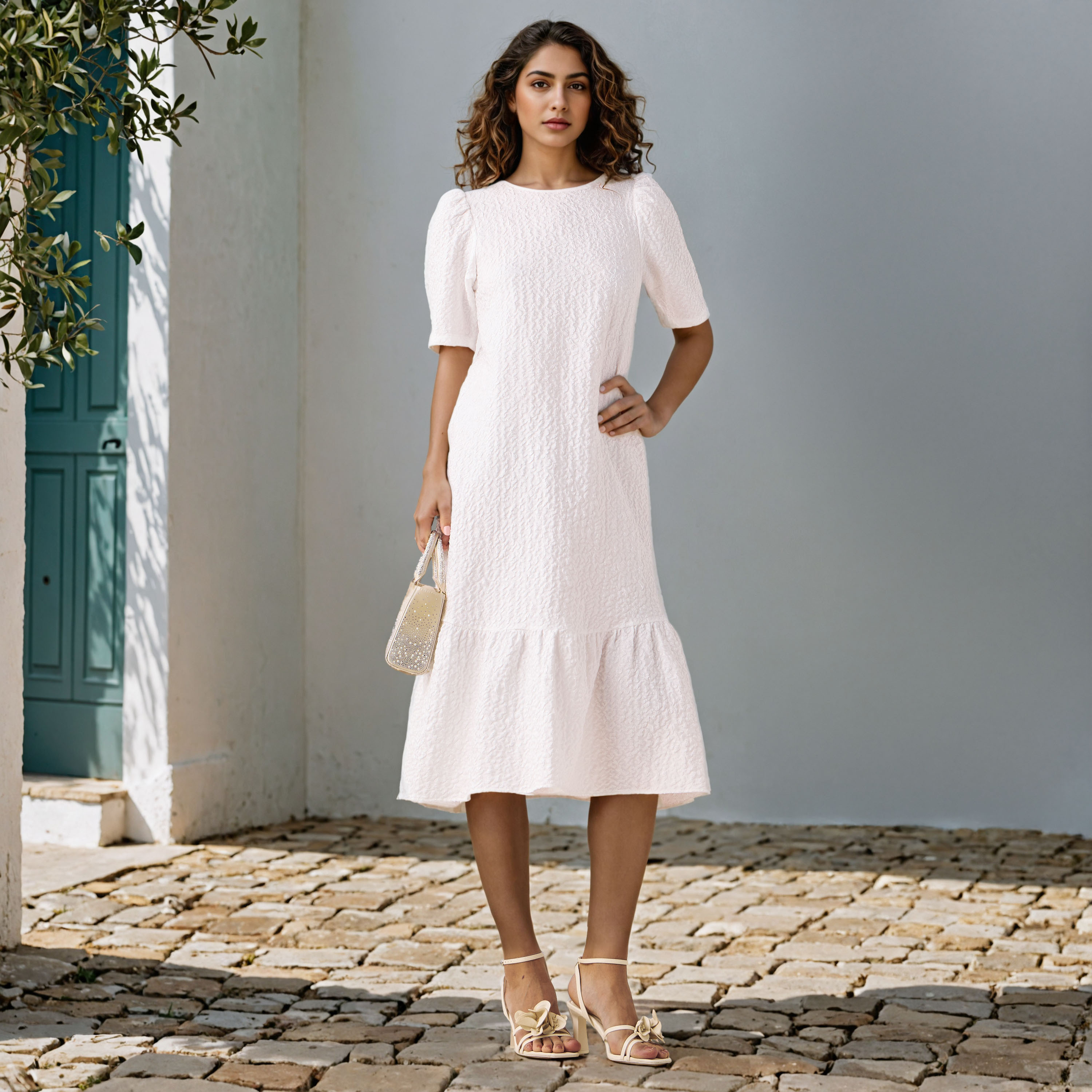 2Xtremz Textured A-Line Midi Dress with Puff Sleeves-women-clothing-dresses-image-1