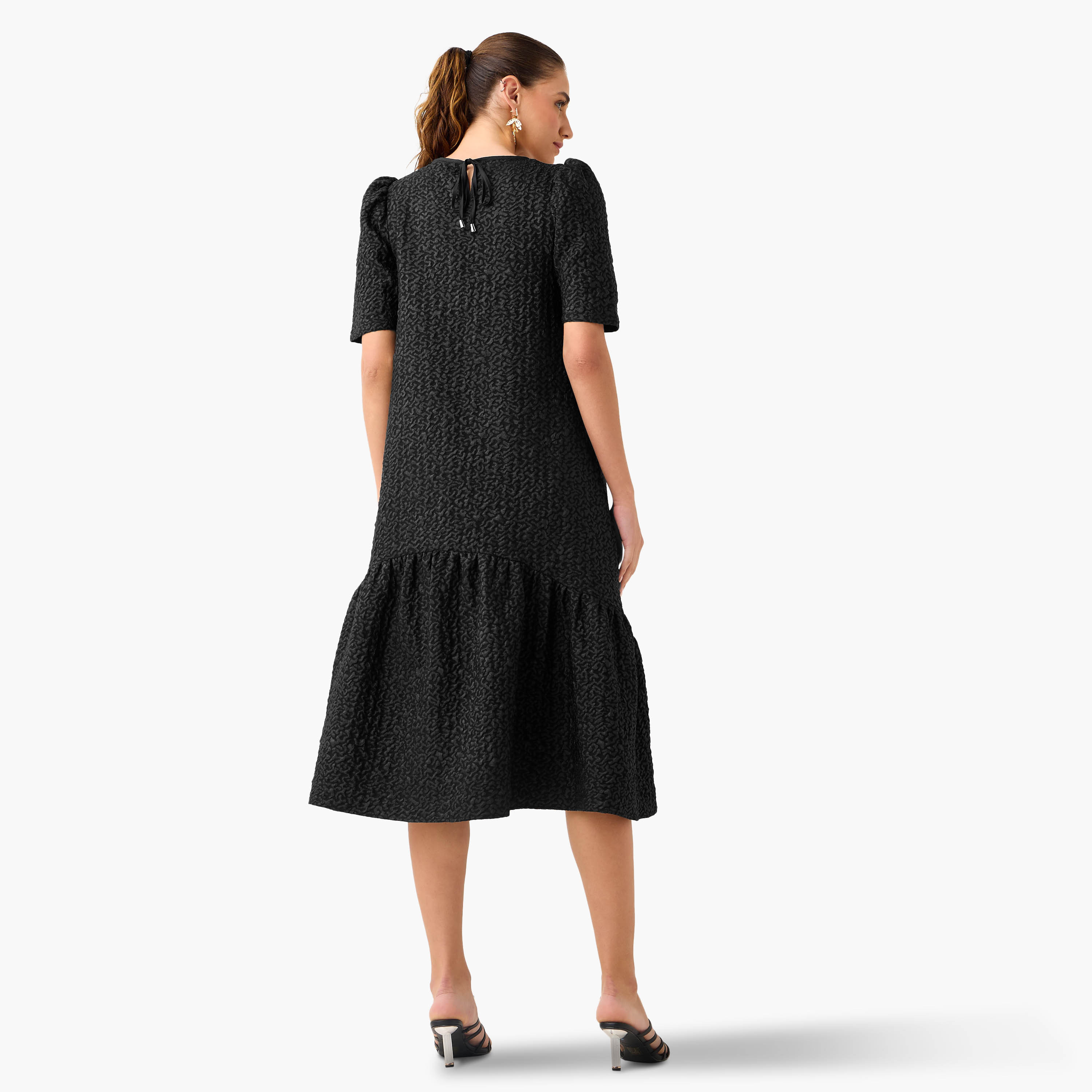2Xtremz Textured A-Line Midi Dress with Puff Sleeves-women-clothing-dresses-image-3