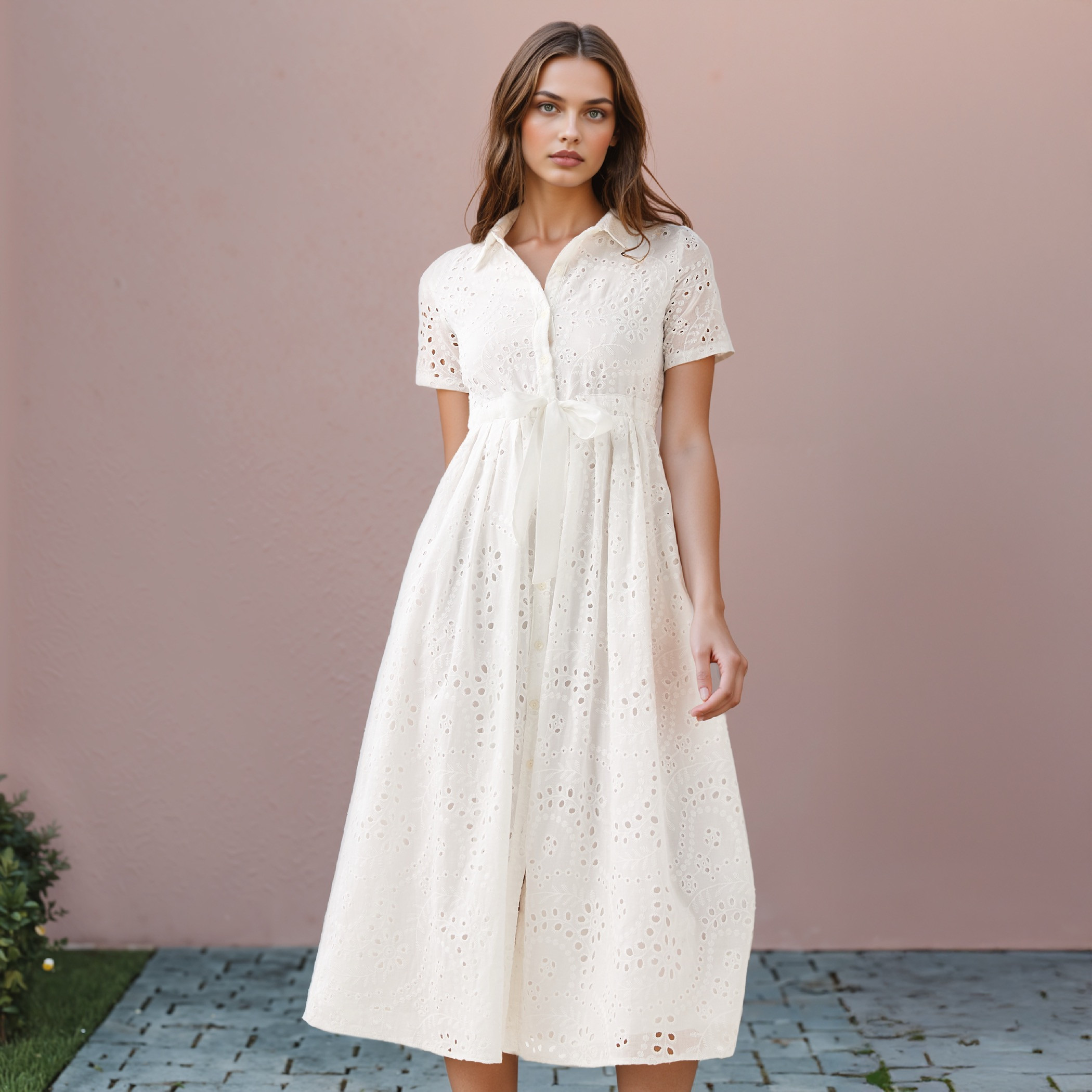 2Xtremz Schiffli Textured Shirt Cotton Dress with Collar and Short Sleeves-women-clothing-dresses-image-1