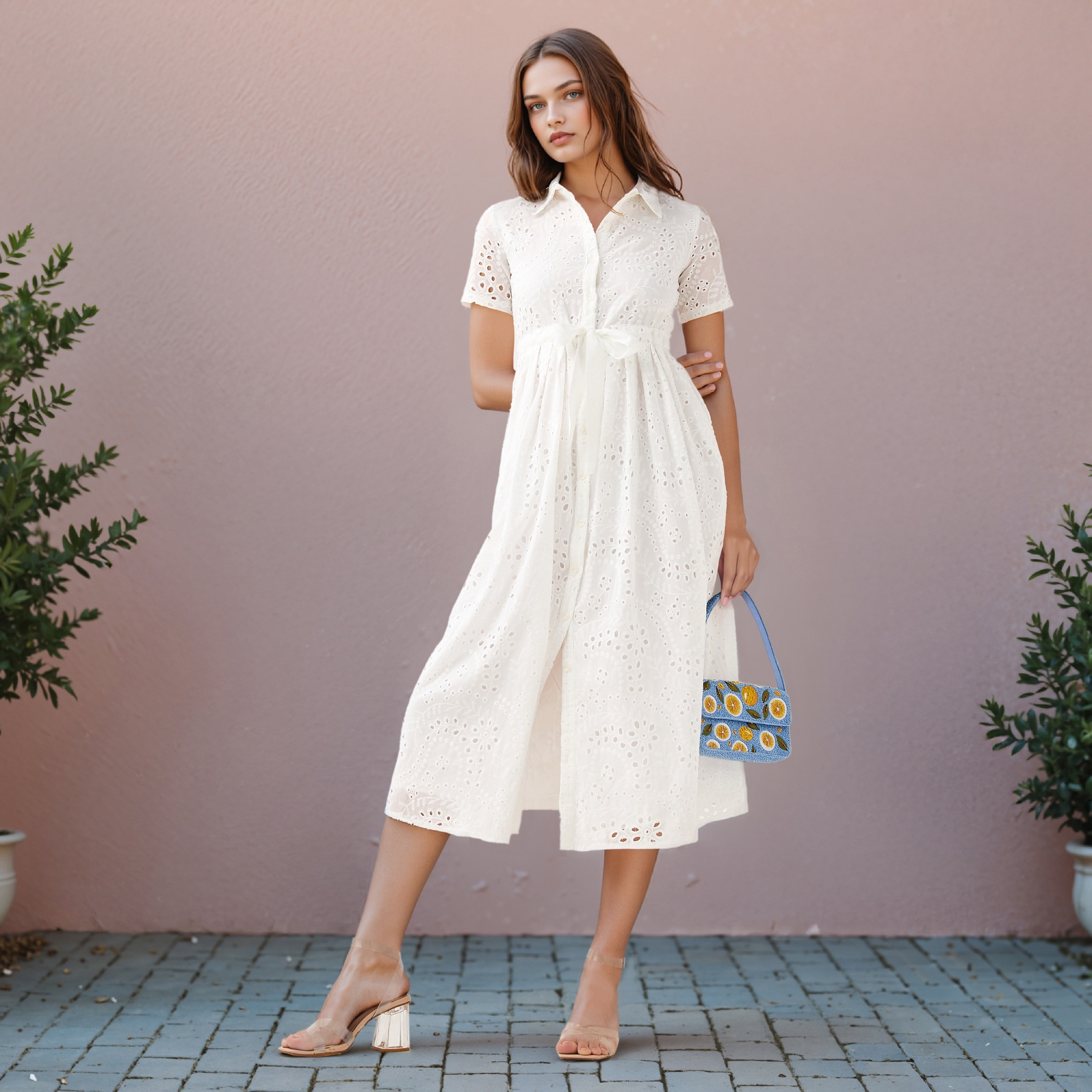فستان قميص قطن بارز الملمس بياقة عادية وأكمام قصيرة وتفاصيل شيفلي من تو إكستريمز-women-clothing-dresses-image-7