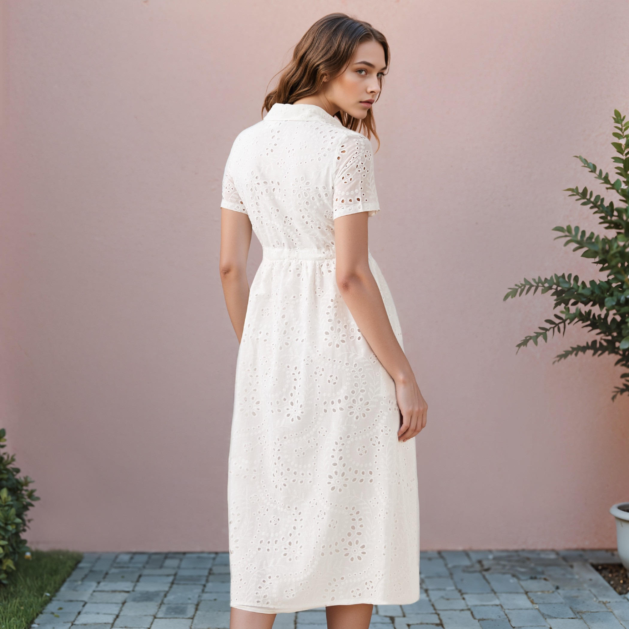 فستان قميص قطن بارز الملمس بياقة عادية وأكمام قصيرة وتفاصيل شيفلي من تو إكستريمز-women-clothing-dresses-image-8