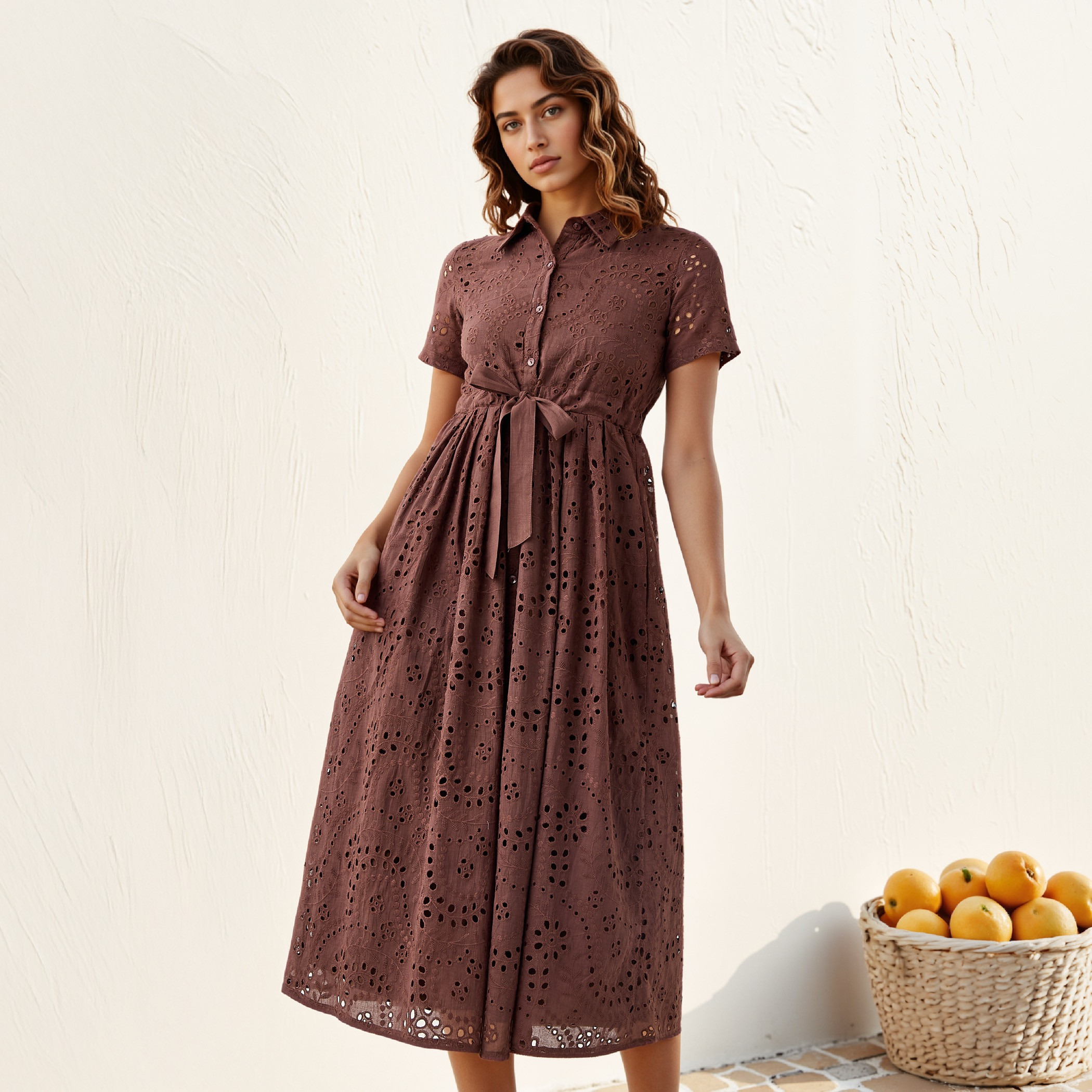 2Xtremz Schiffli Textured Shirt Cotton Dress with Collar and Short Sleeves-women-clothing-dresses-image-1