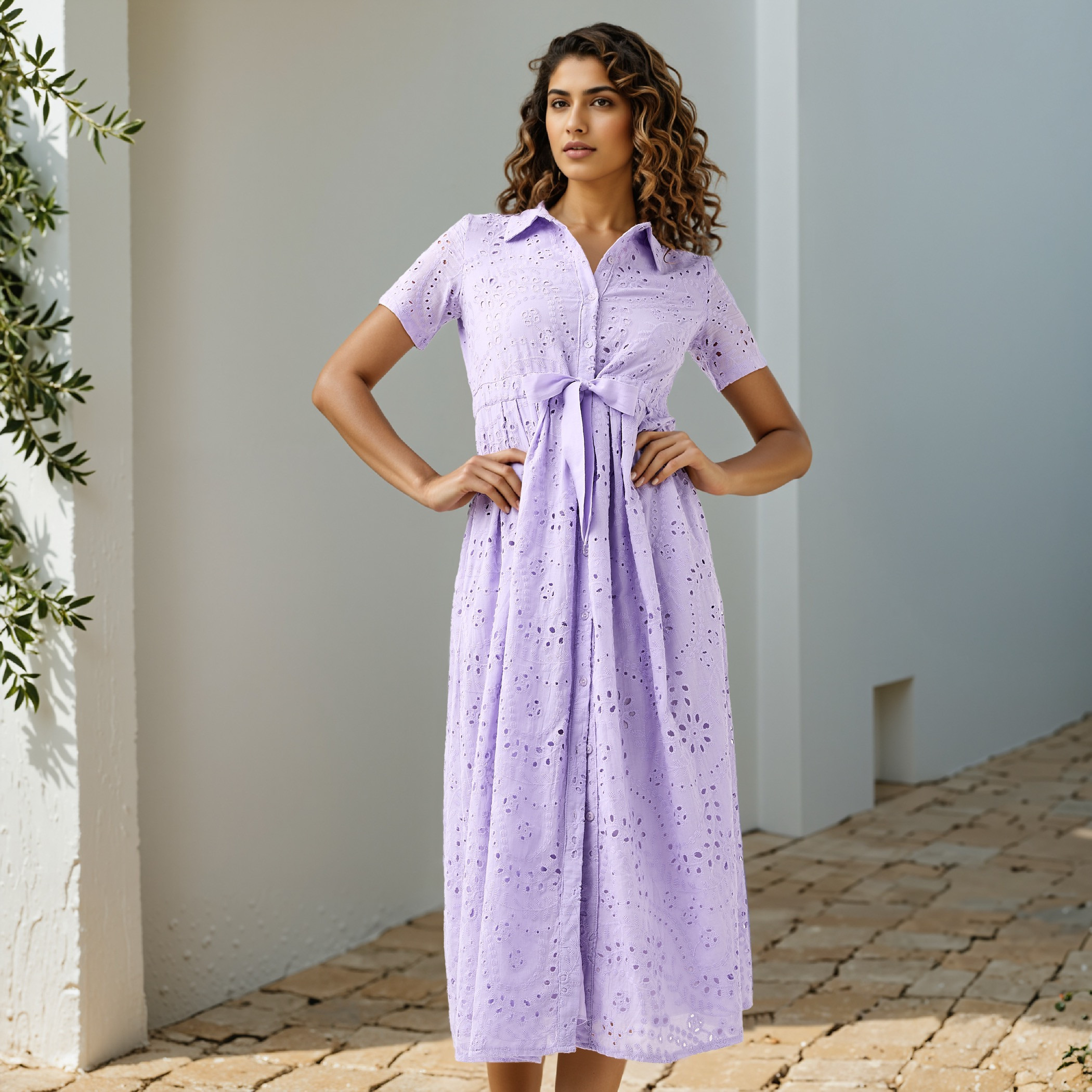 2Xtremz Schiffli Textured Shirt Cotton Dress with Collar and Short Sleeves-women-clothing-dresses-image-2
