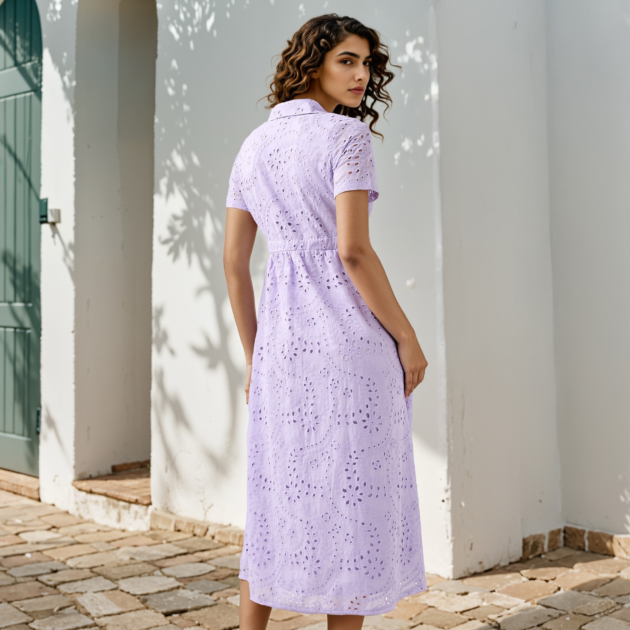 2Xtremz Schiffli Textured Shirt Cotton Dress with Collar and Short Sleeves-women-clothing-dresses-image-3