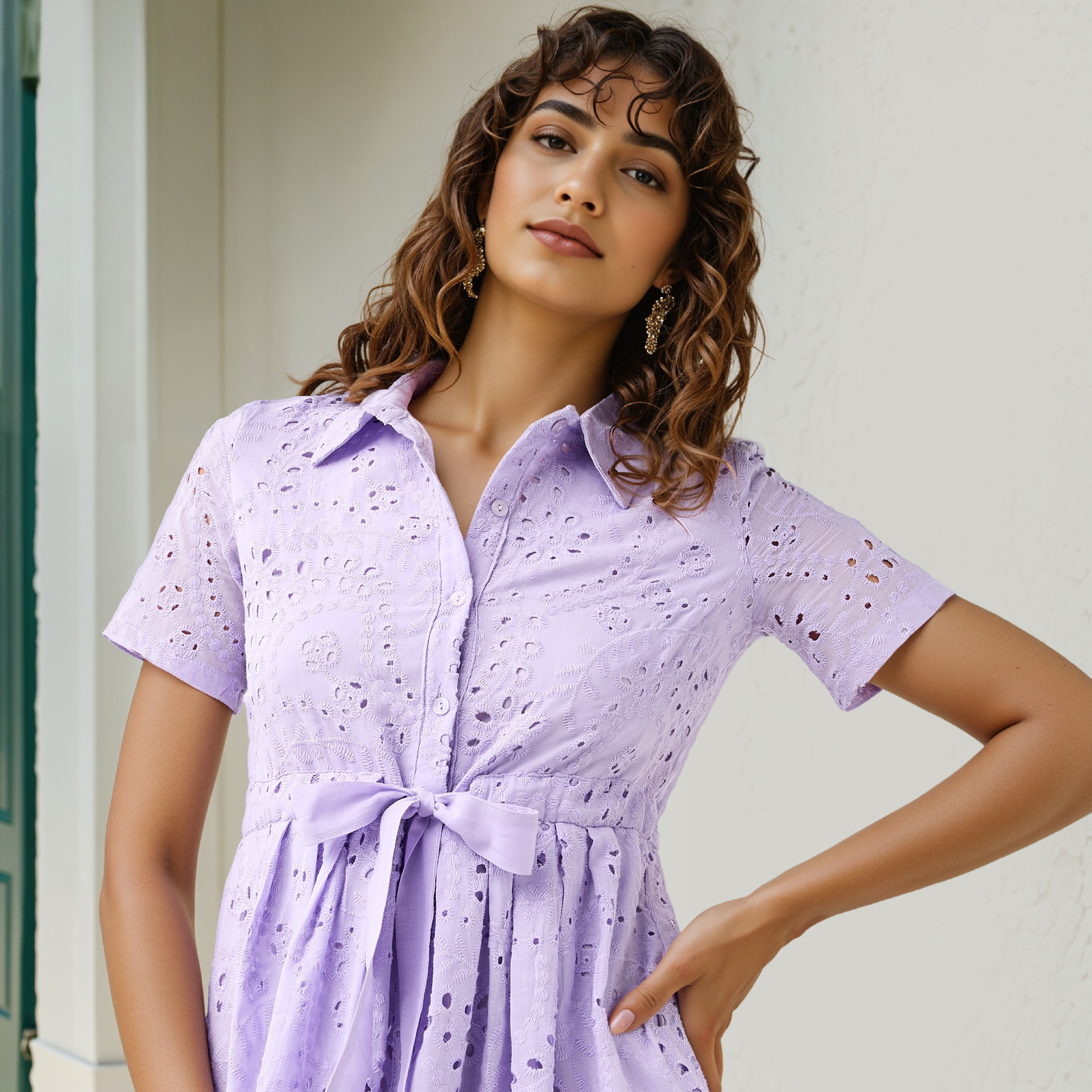 2Xtremz Schiffli Textured Shirt Cotton Dress with Collar and Short Sleeves-women-clothing-dresses-image-4